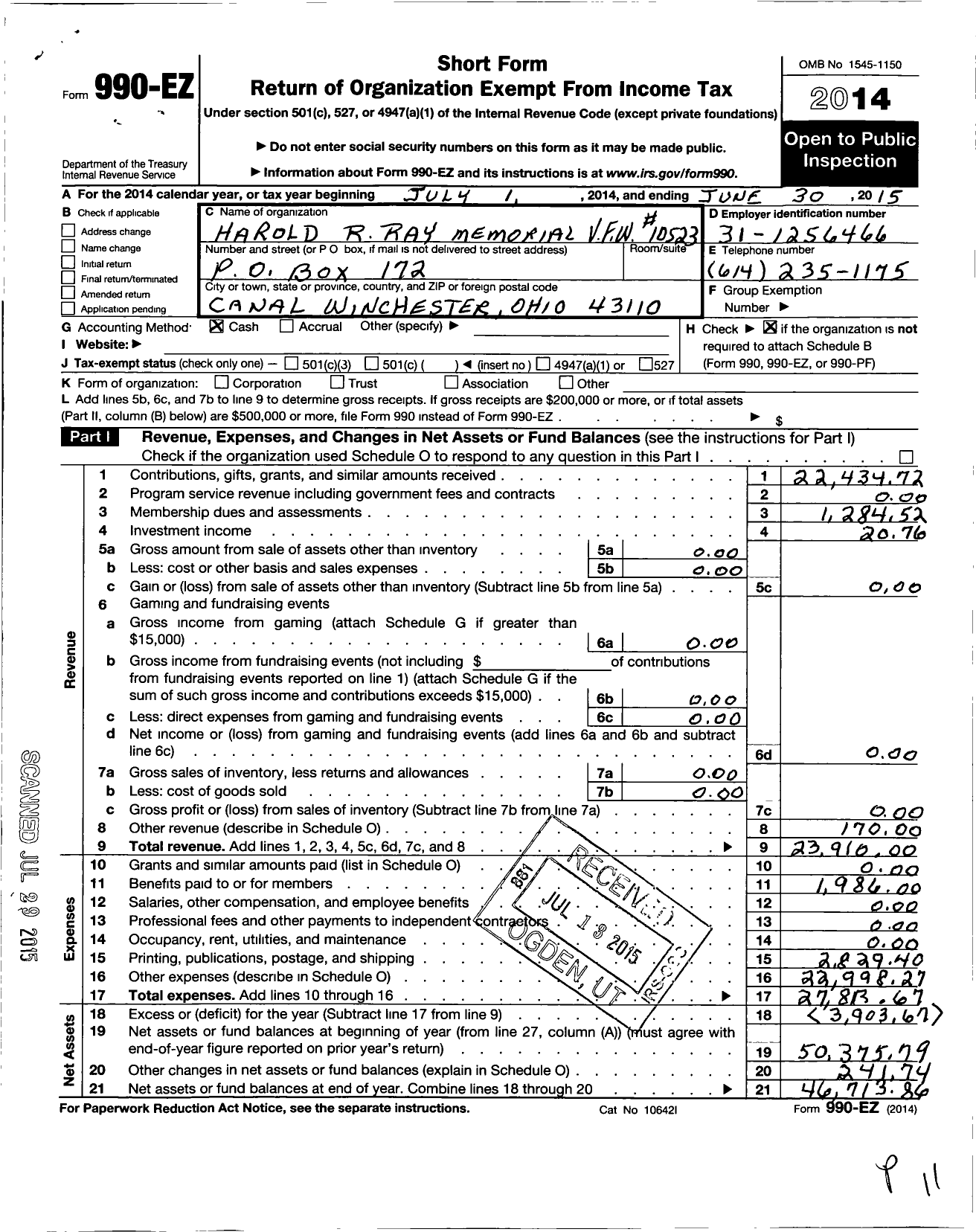 Image of first page of 2014 Form 990EO for Ohio VFW - 10523 Post Harold R Ray Memrl VFW