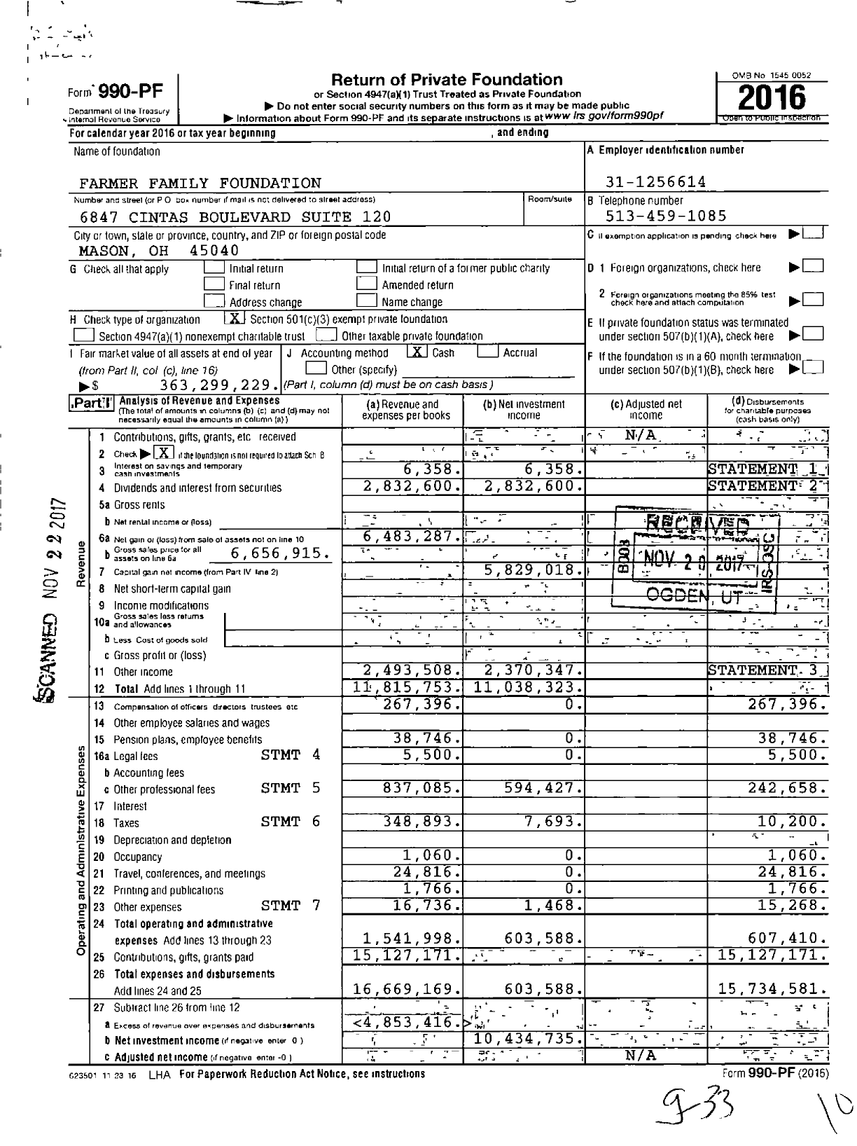 Image of first page of 2016 Form 990PF for Farmer Family Foundation