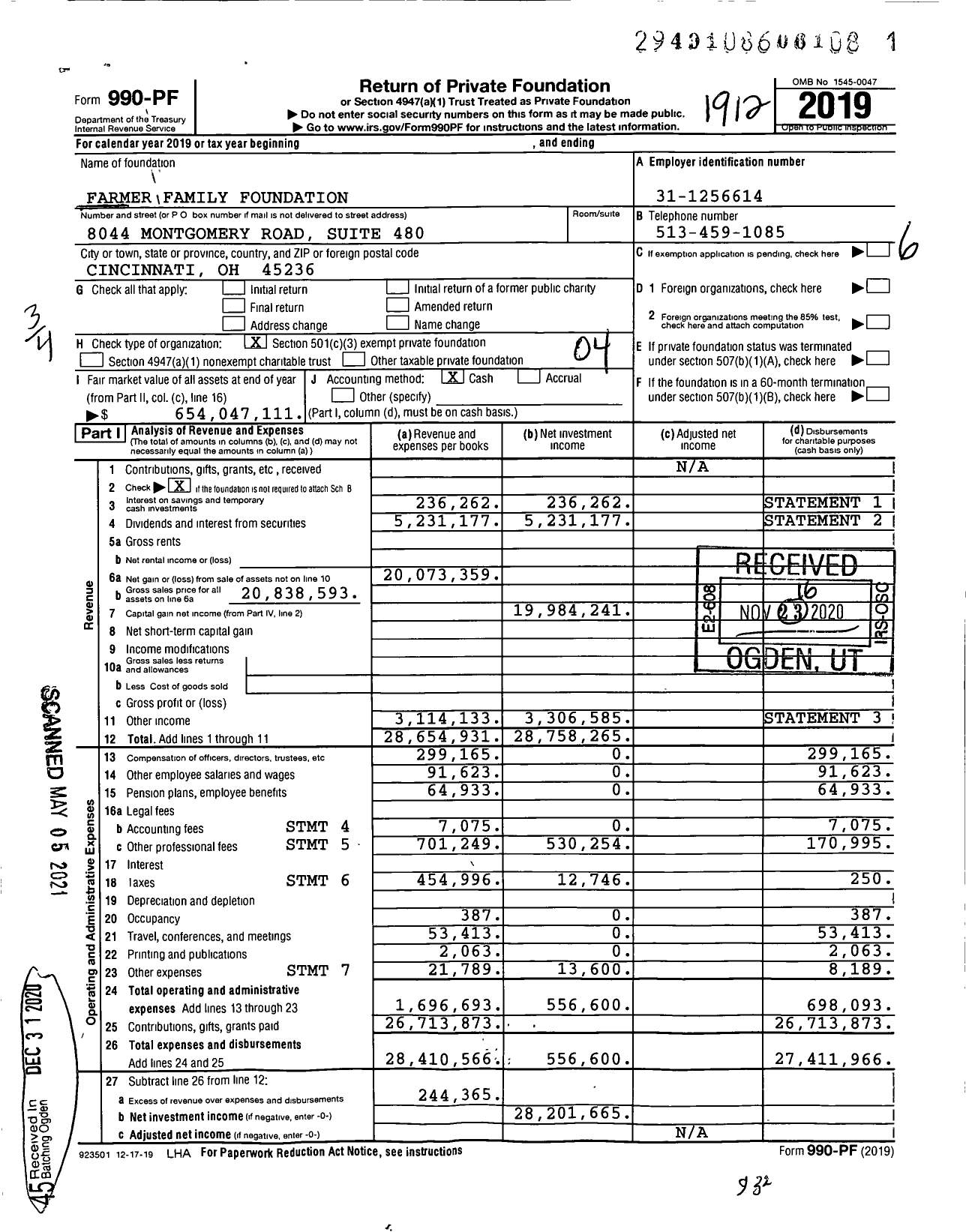 Image of first page of 2019 Form 990PF for Farmer Family Foundation