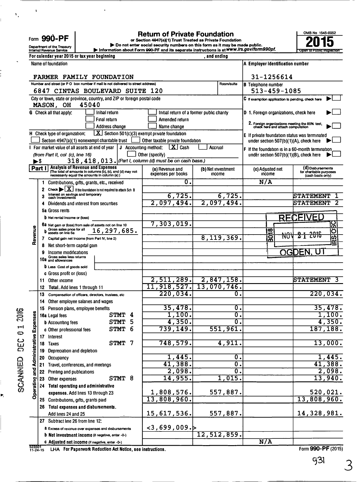 Image of first page of 2015 Form 990PF for Farmer Family Foundation