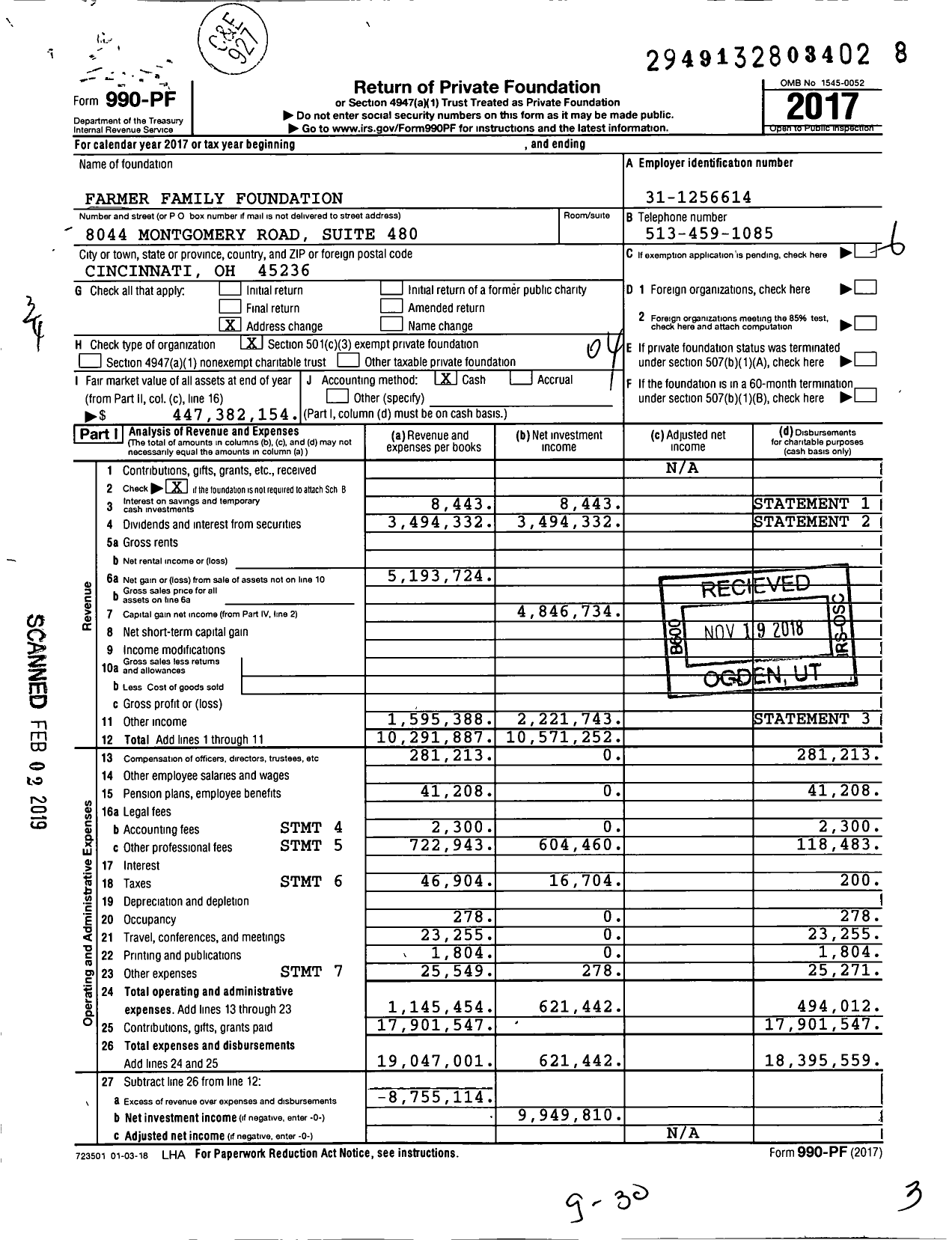 Image of first page of 2017 Form 990PF for Farmer Family Foundation