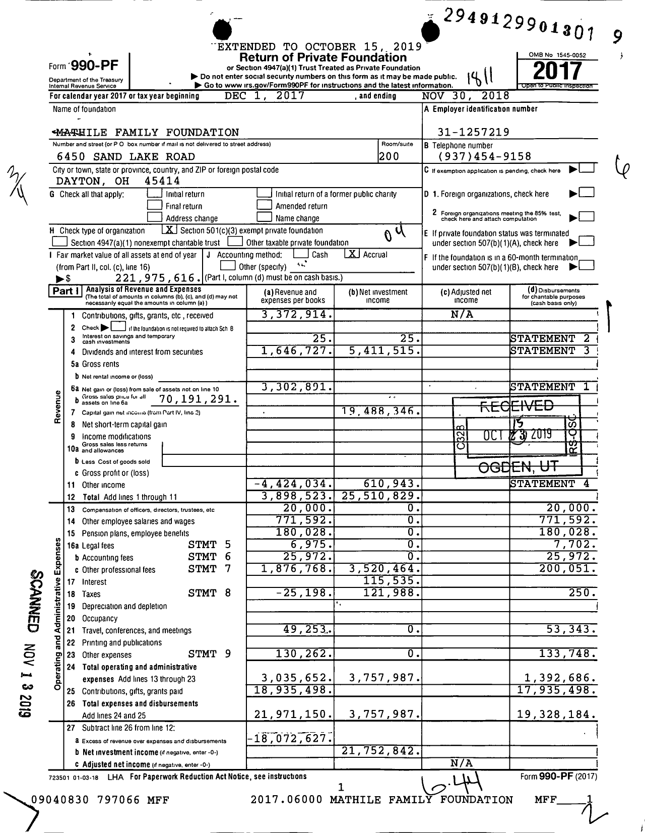 Image of first page of 2017 Form 990PF for Mathile Family Foundation