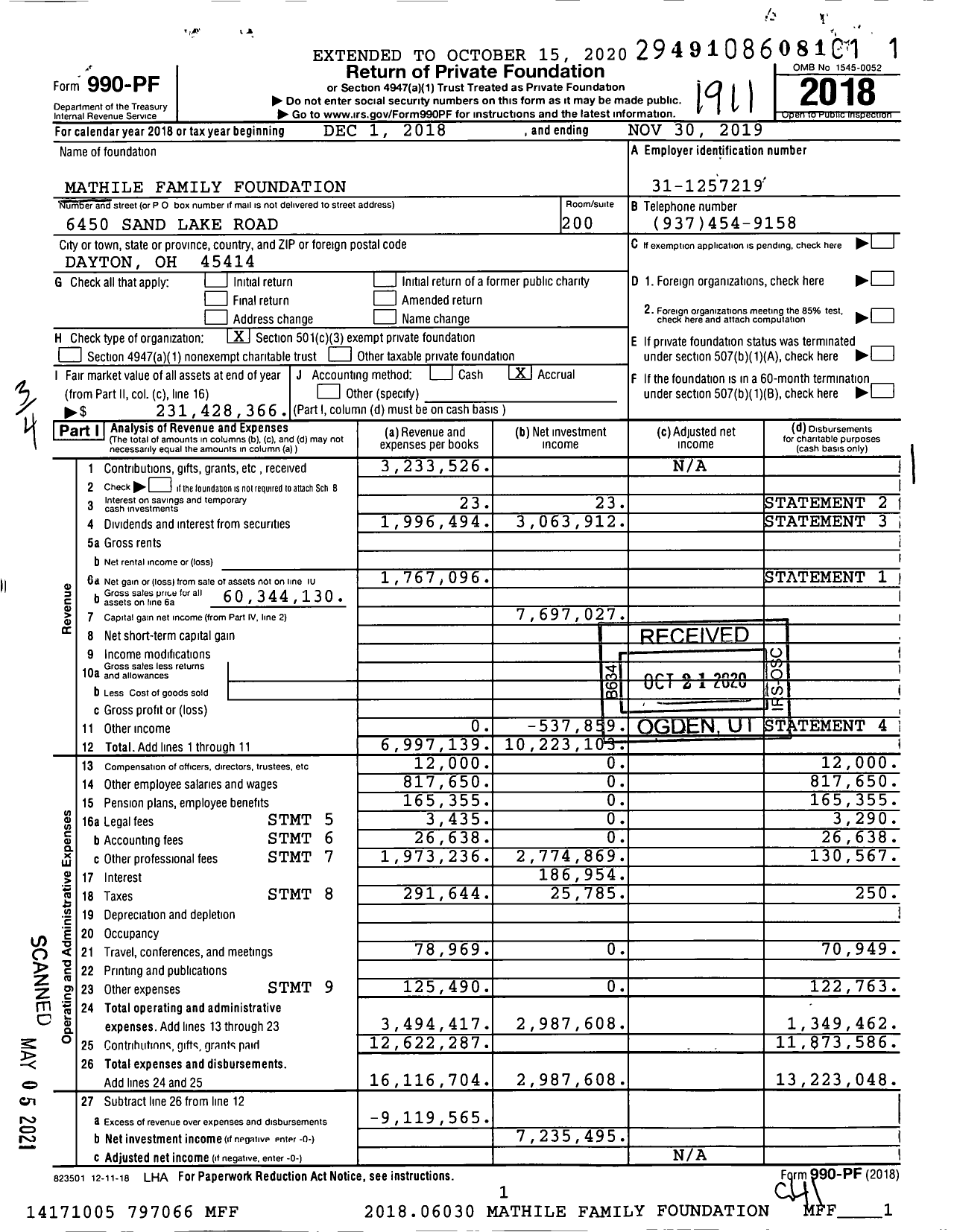 Image of first page of 2018 Form 990PF for Mathile Family Foundation