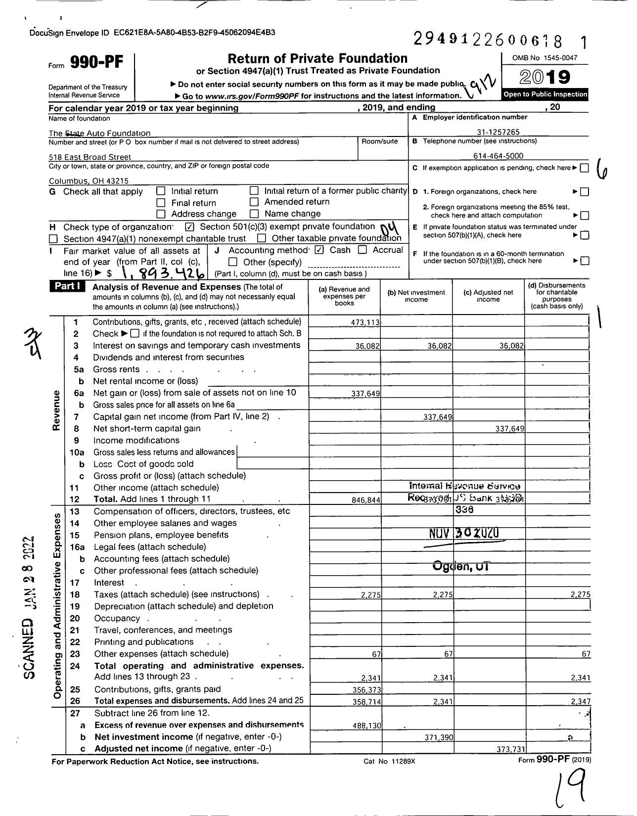 Image of first page of 2019 Form 990PF for The State Auto Foundation