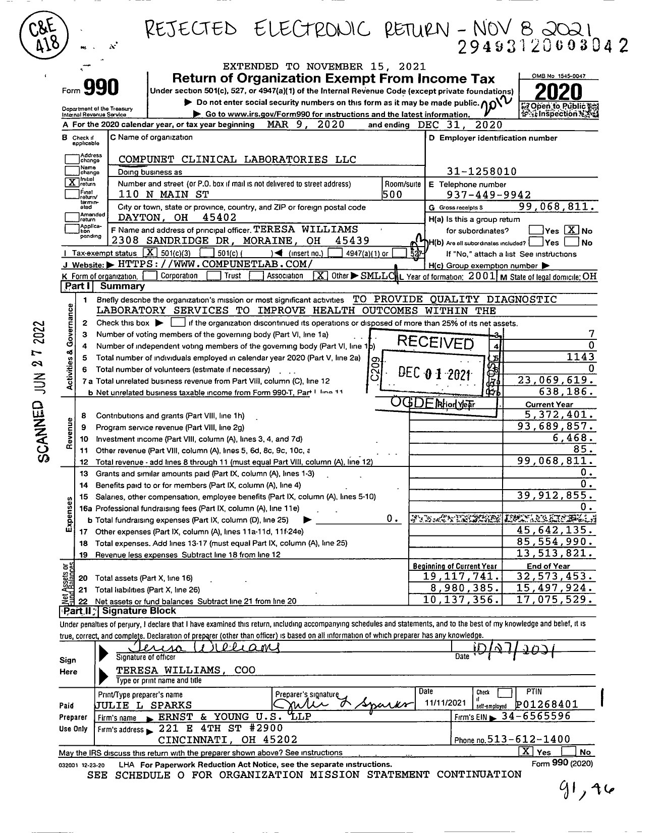 Image of first page of 2020 Form 990 for Compunet Clinical Laboratories LLC