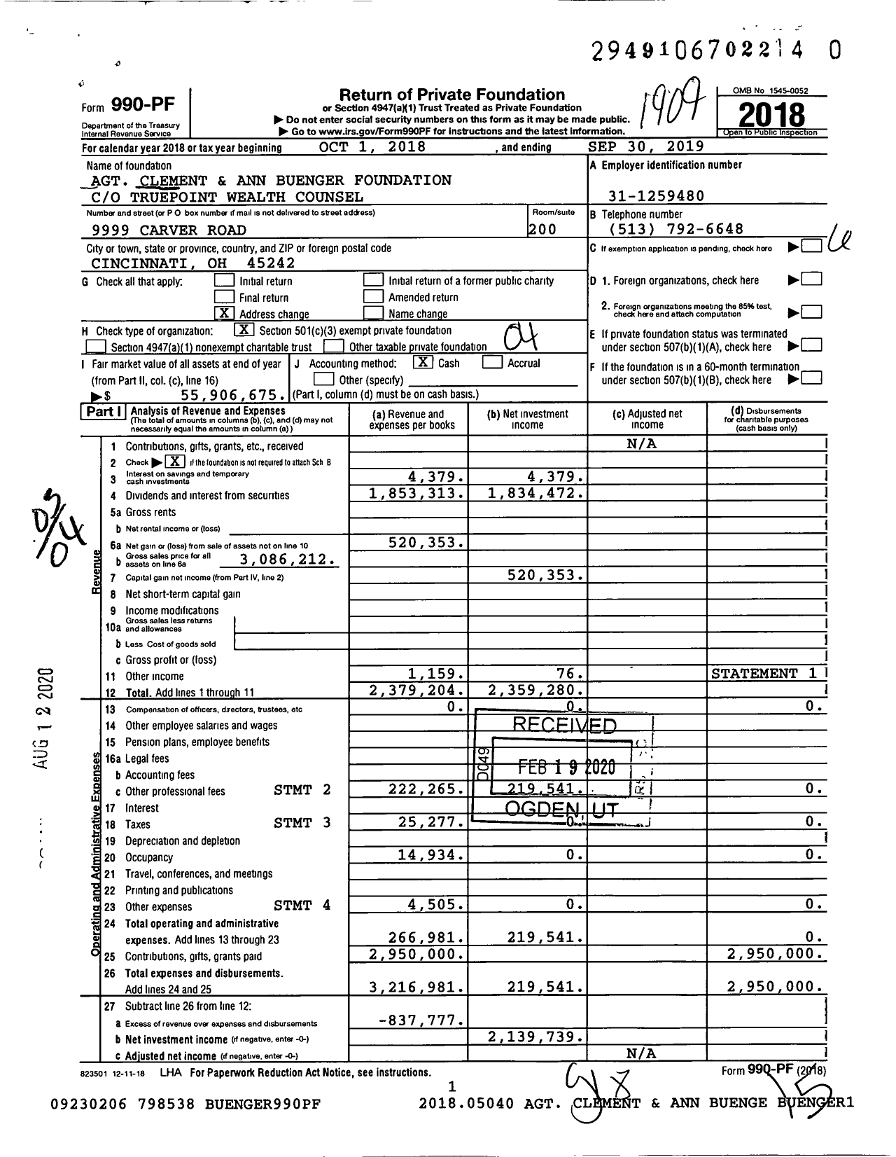 Image of first page of 2018 Form 990PR for Clement and Ann Buenger Foundation