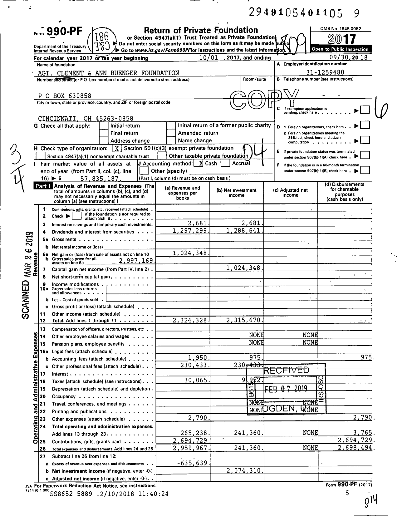 Image of first page of 2017 Form 990PF for Clement and Ann Buenger Foundation
