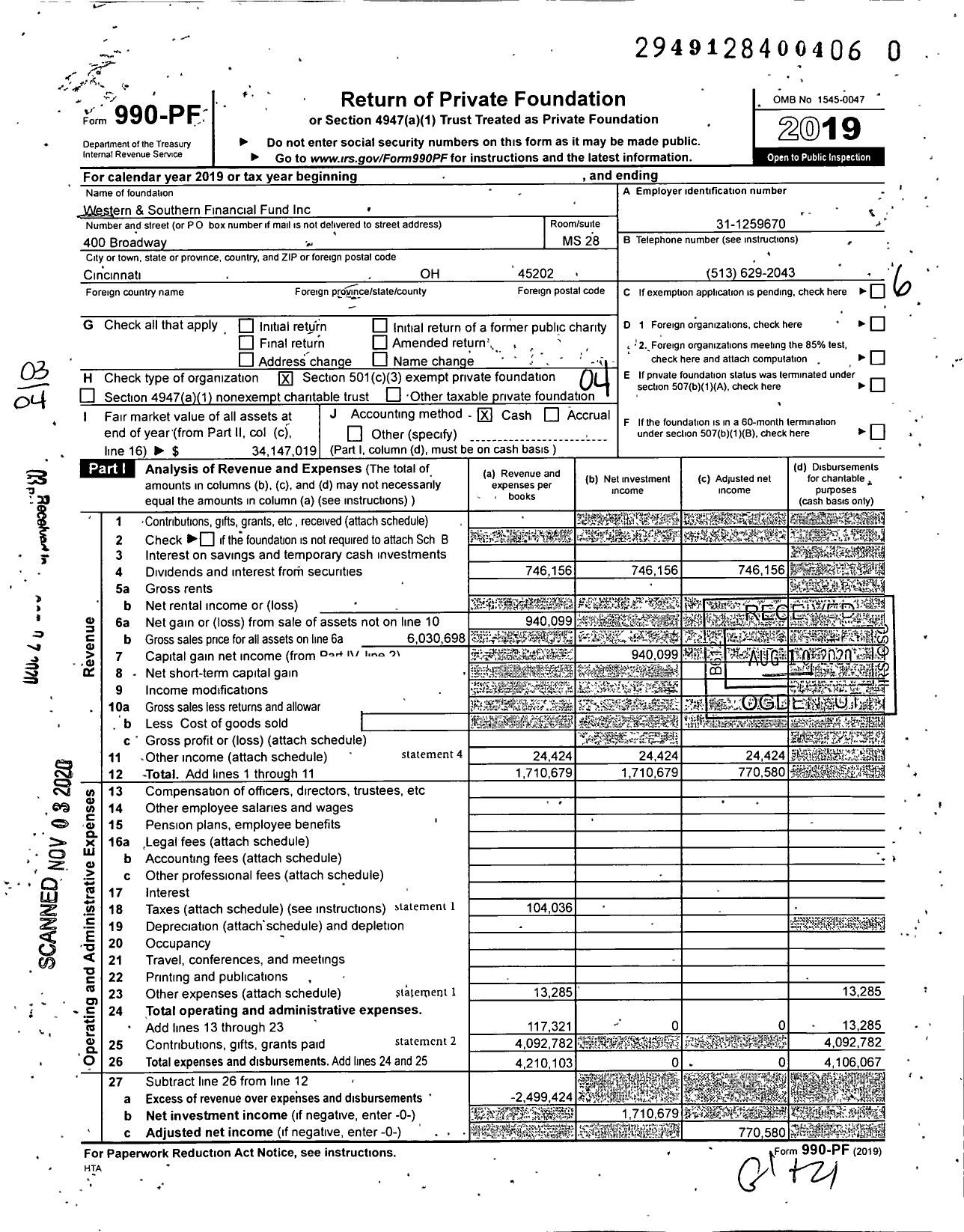 Image of first page of 2019 Form 990PF for Western and Southern Financial Fund