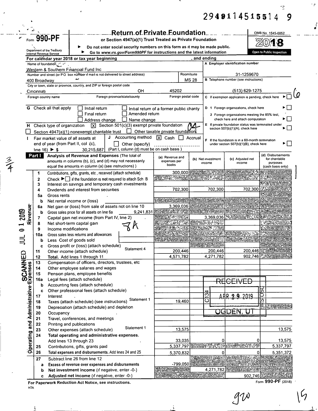 Image of first page of 2018 Form 990PF for Western and Southern Financial Fund