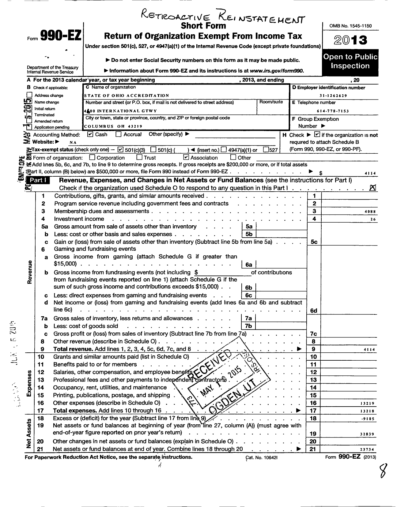 Image of first page of 2013 Form 990EZ for State of Ohio Accreditation Resource (SOAR)