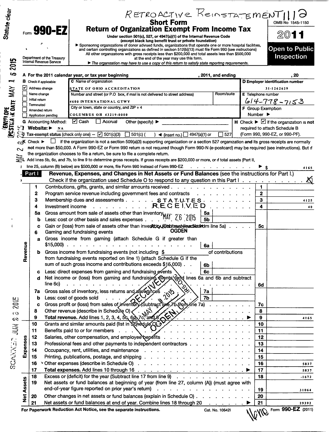 Image of first page of 2011 Form 990EZ for State of Ohio Accreditation Resource (SOAR)