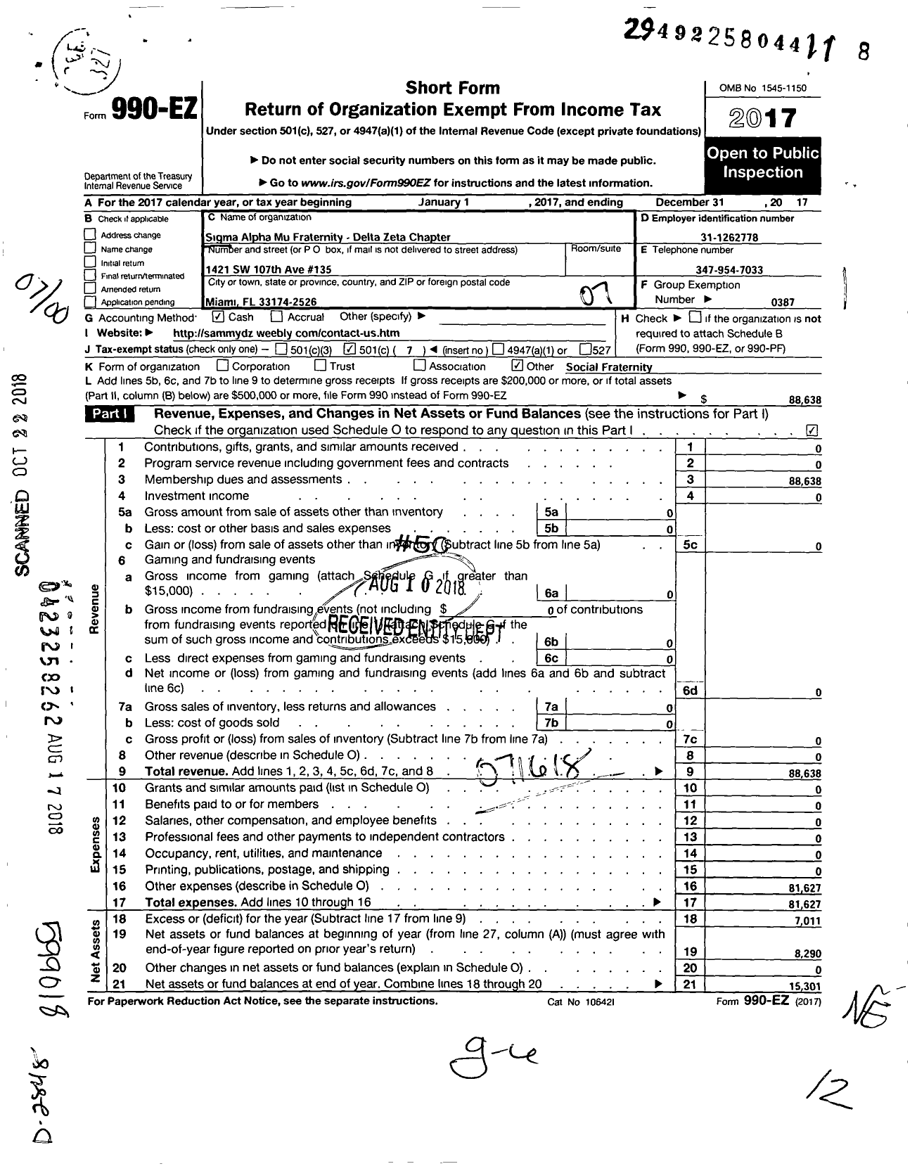 Image of first page of 2017 Form 990EO for Sigma Alpha Mu Fraternity- Delta Zeta Chapter