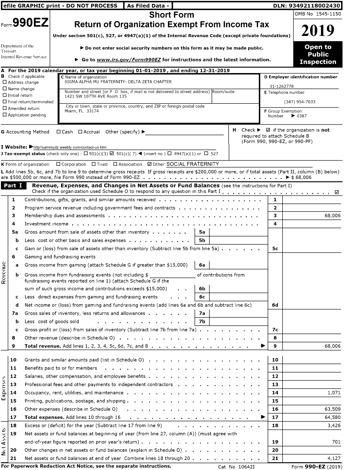 Image of first page of 2019 Form 990EO for Sigma Alpha Mu Fraternity- Delta Zeta Chapter