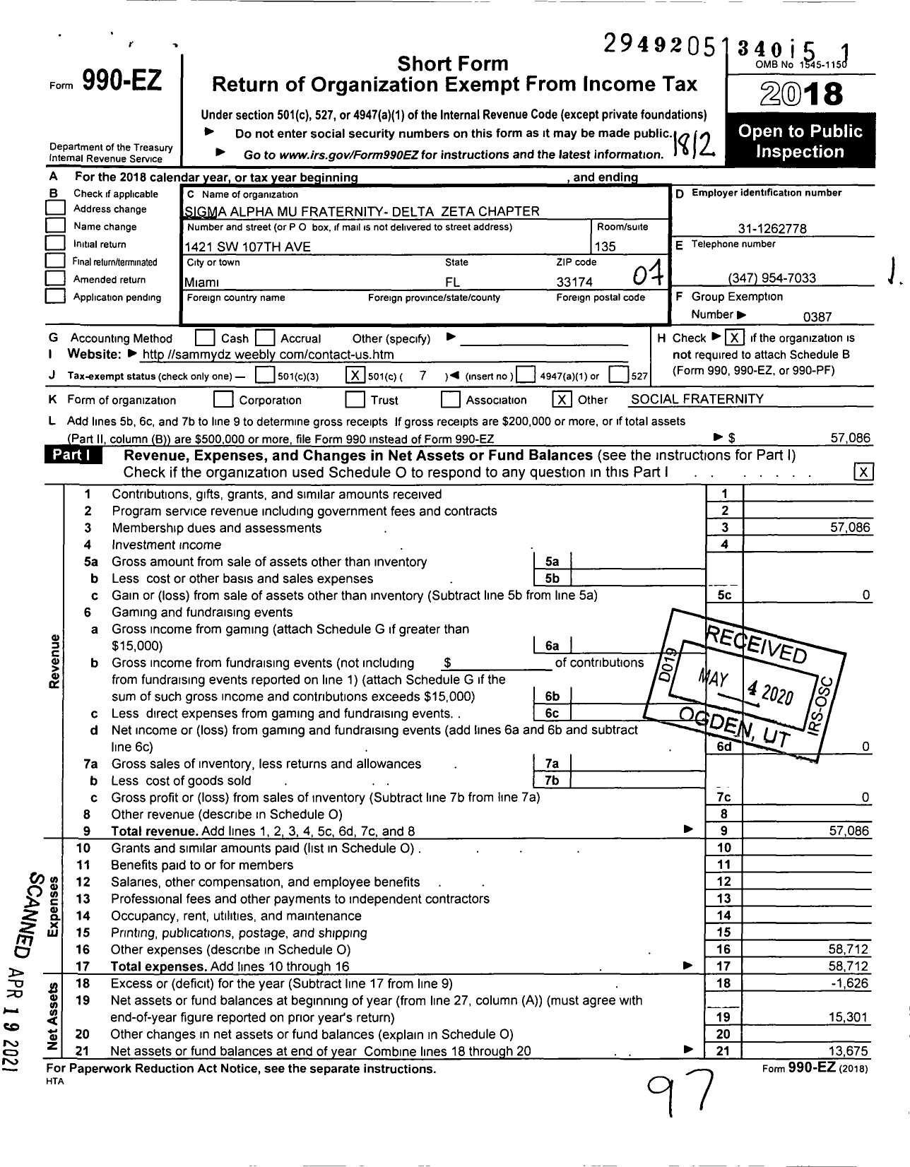 Image of first page of 2018 Form 990EO for Sigma Alpha Mu Fraternity- Delta Zeta Chapter