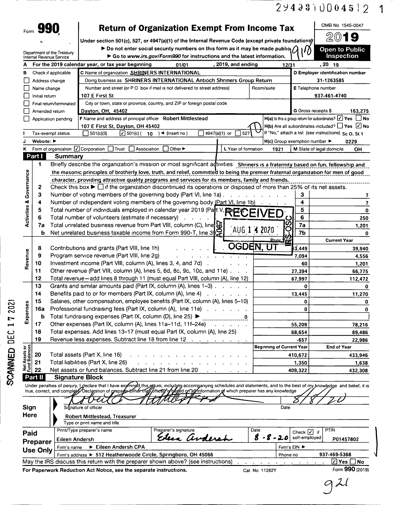 Image of first page of 2019 Form 990O for Shriners INTERNATIONAL - Shriners INTERNATIONAL Antioch Shriners Group Return