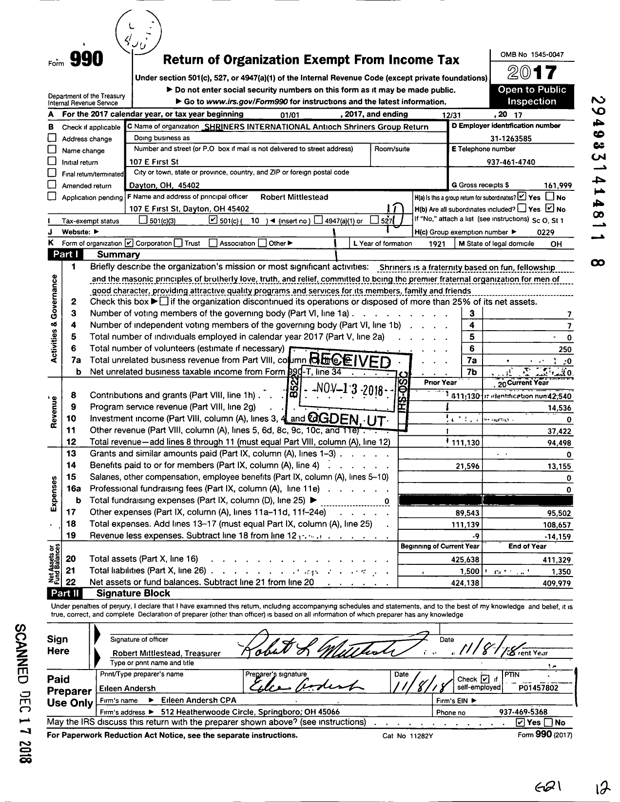 Image of first page of 2017 Form 990O for Shriners INTERNATIONAL - Shriners INTERNATIONAL Antioch Shriners Group Return