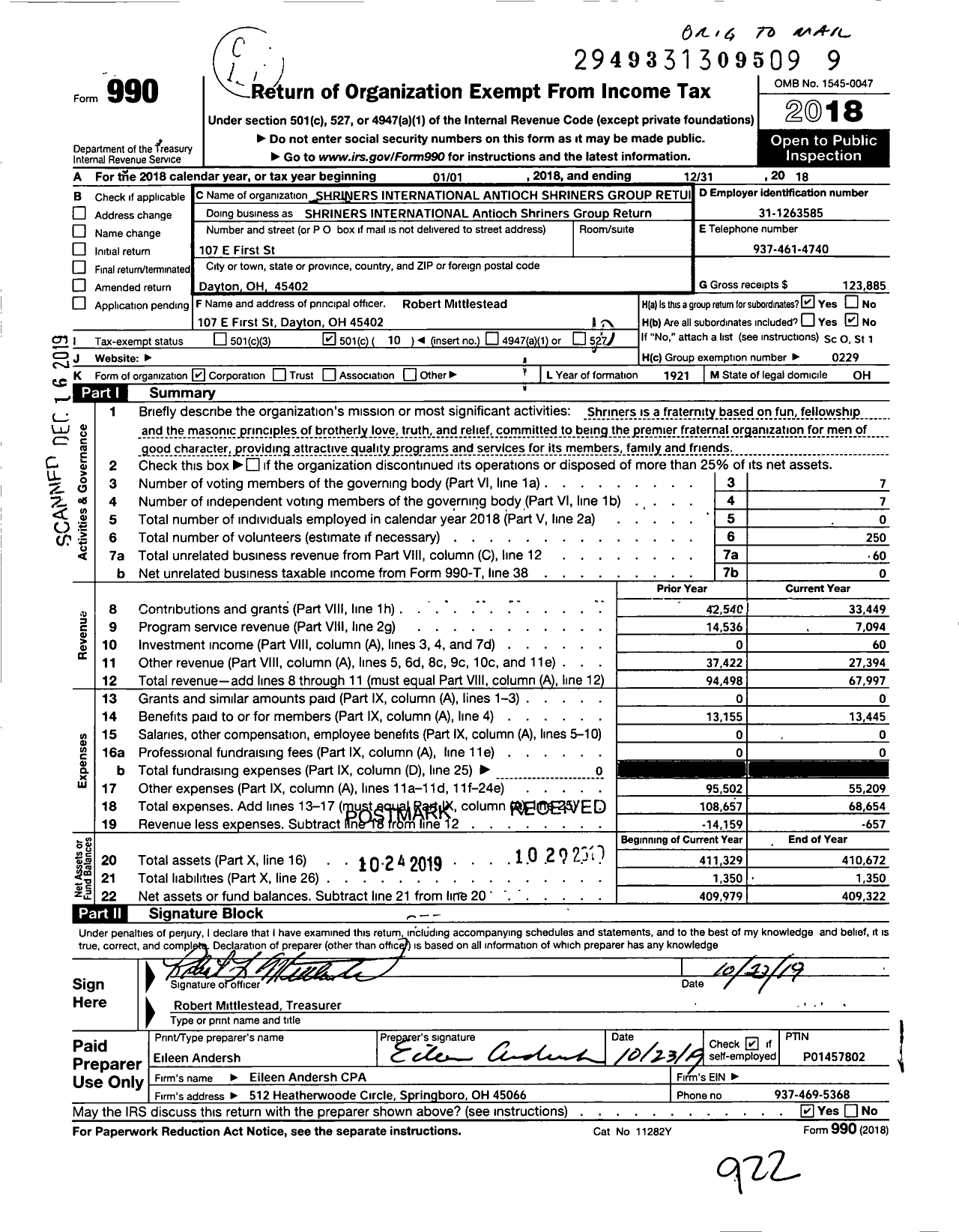 Image of first page of 2018 Form 990O for Shriners INTERNATIONAL - Shriners INTERNATIONAL Antioch Shriners Group Return