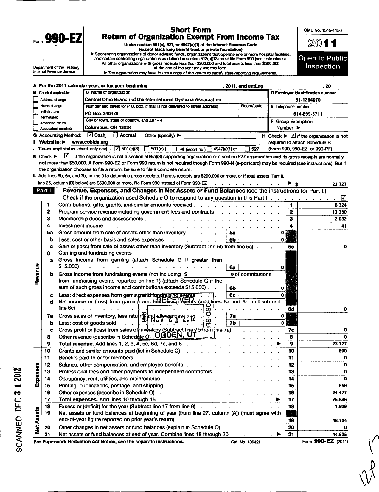 Image of first page of 2011 Form 990EZ for Central Ohio Branch of the International Dyslexia Association