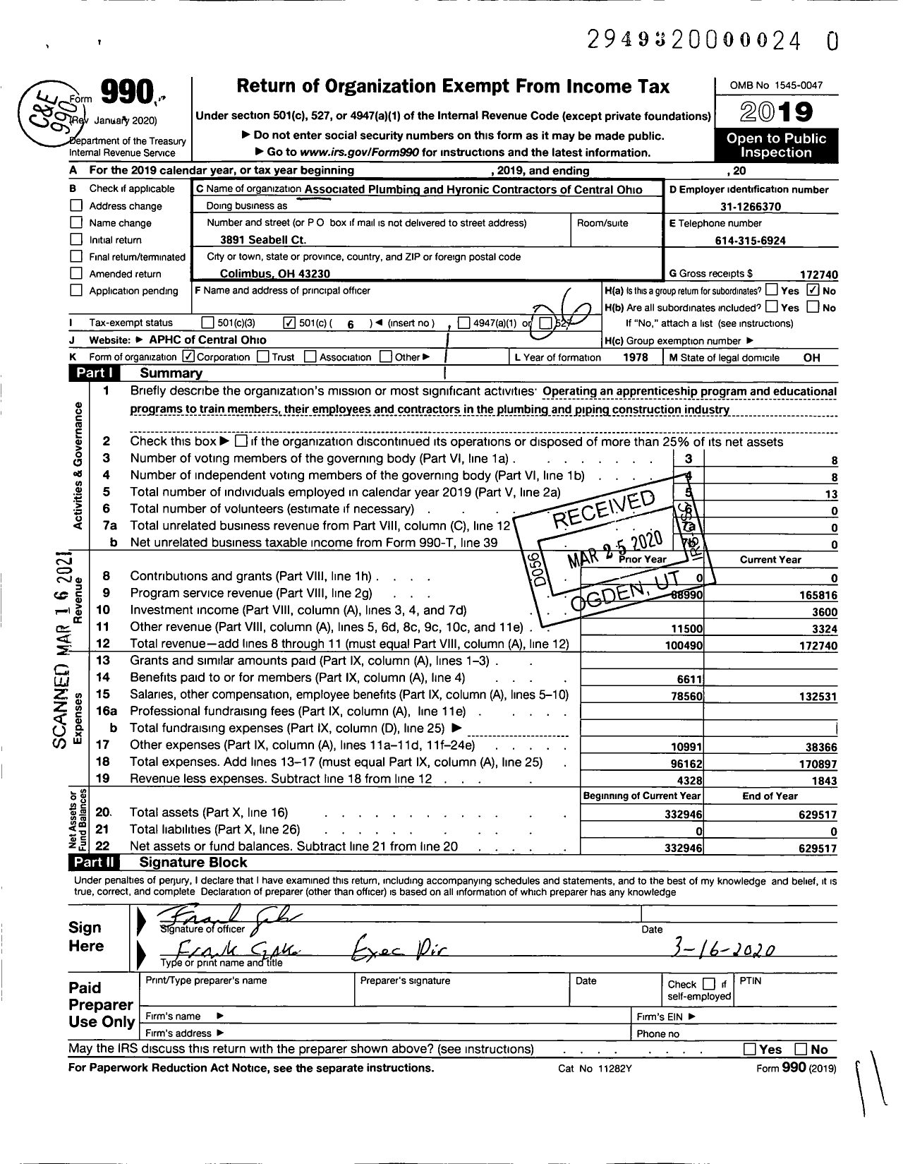 Image of first page of 2019 Form 990O for Associated Plumbing and Hydronic Contractors of Central Ohio