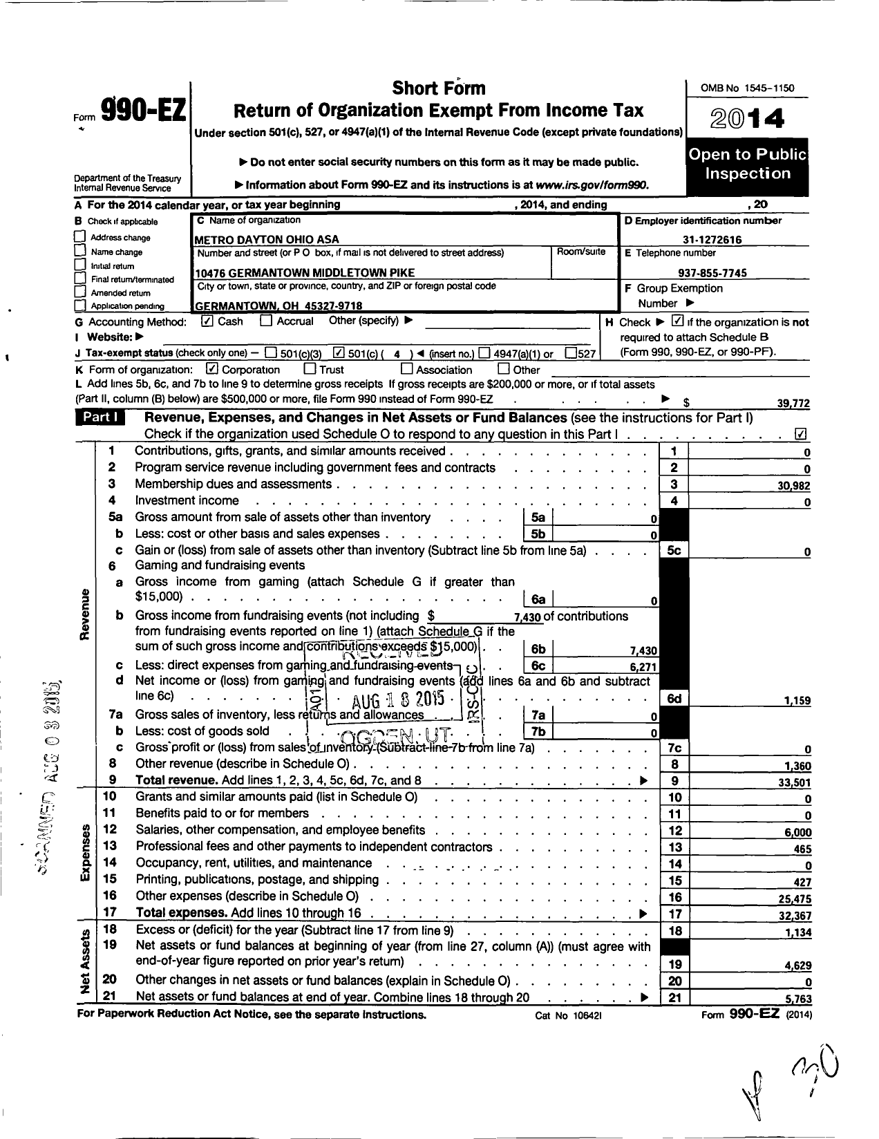 Image of first page of 2014 Form 990EO for Metro Dayton Ohio Asa