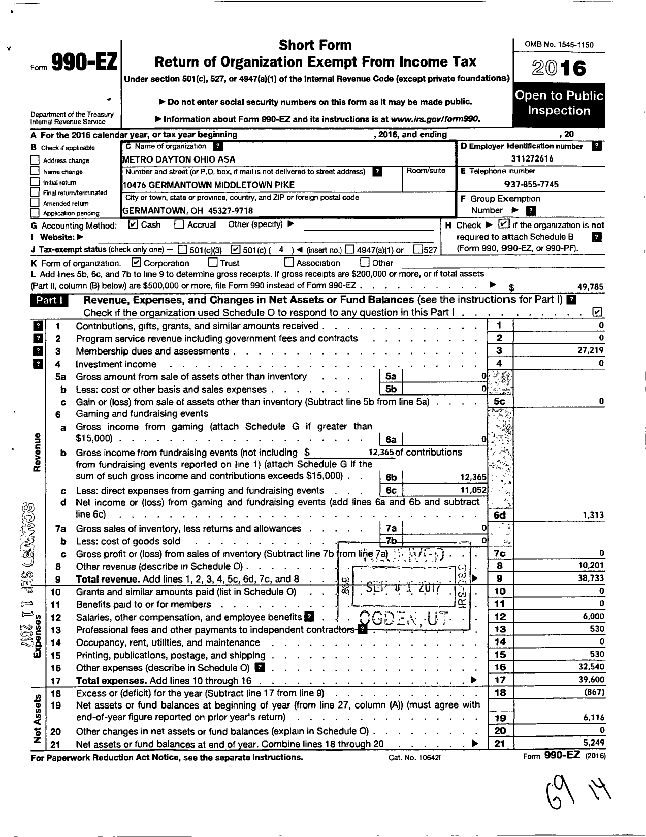 Image of first page of 2016 Form 990EO for Metro Dayton Ohio Asa