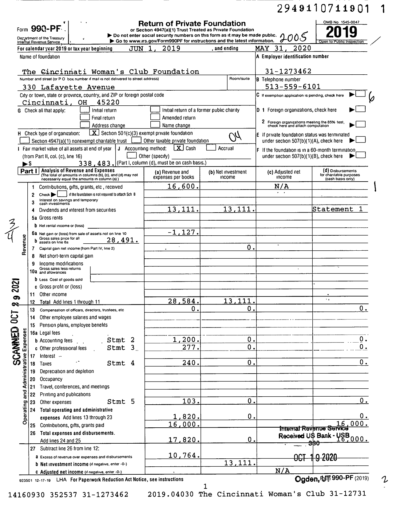 Image of first page of 2019 Form 990PF for The Cincinnati Woman's Club Foundation