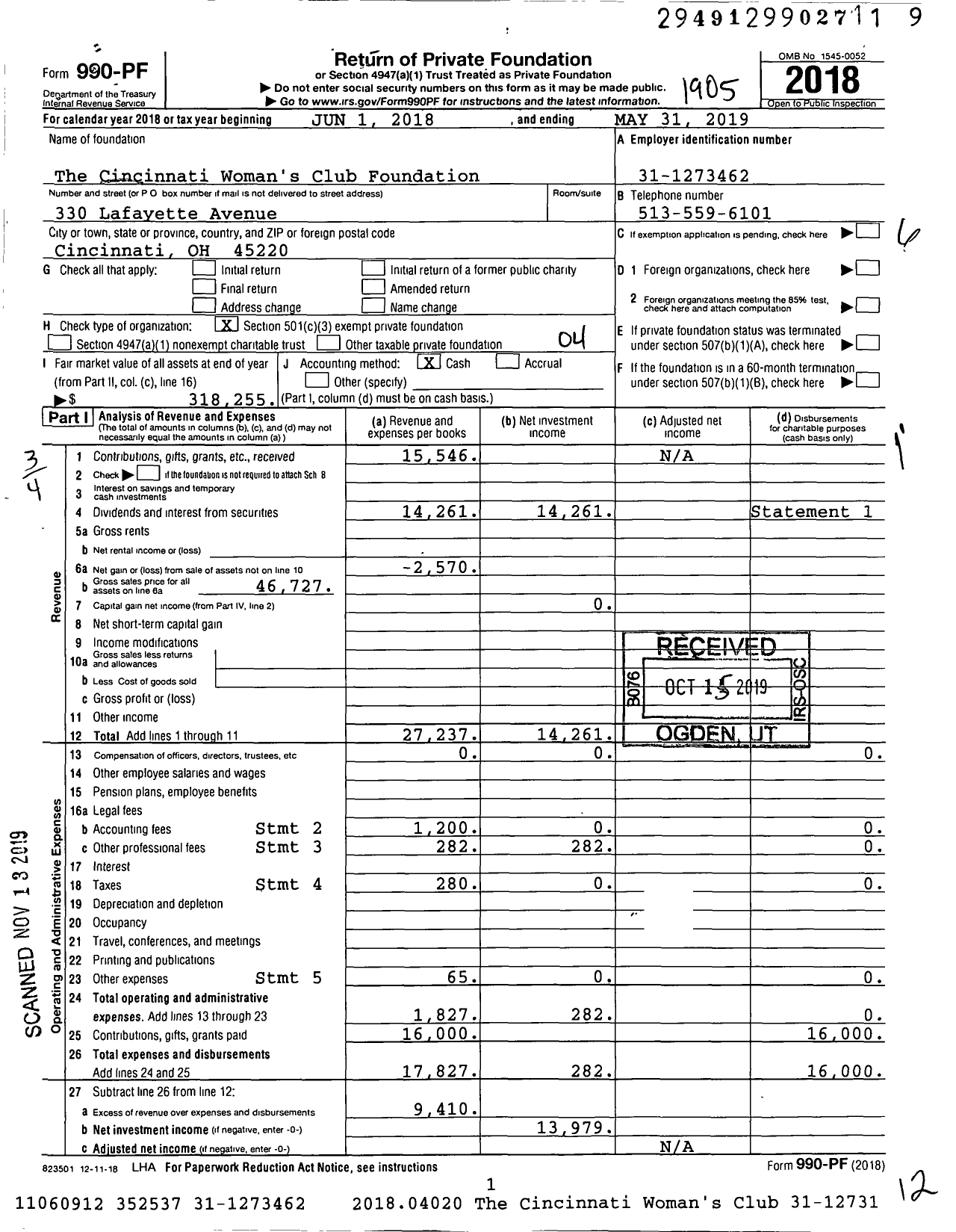 Image of first page of 2018 Form 990PF for The Cincinnati Woman's Club Foundation