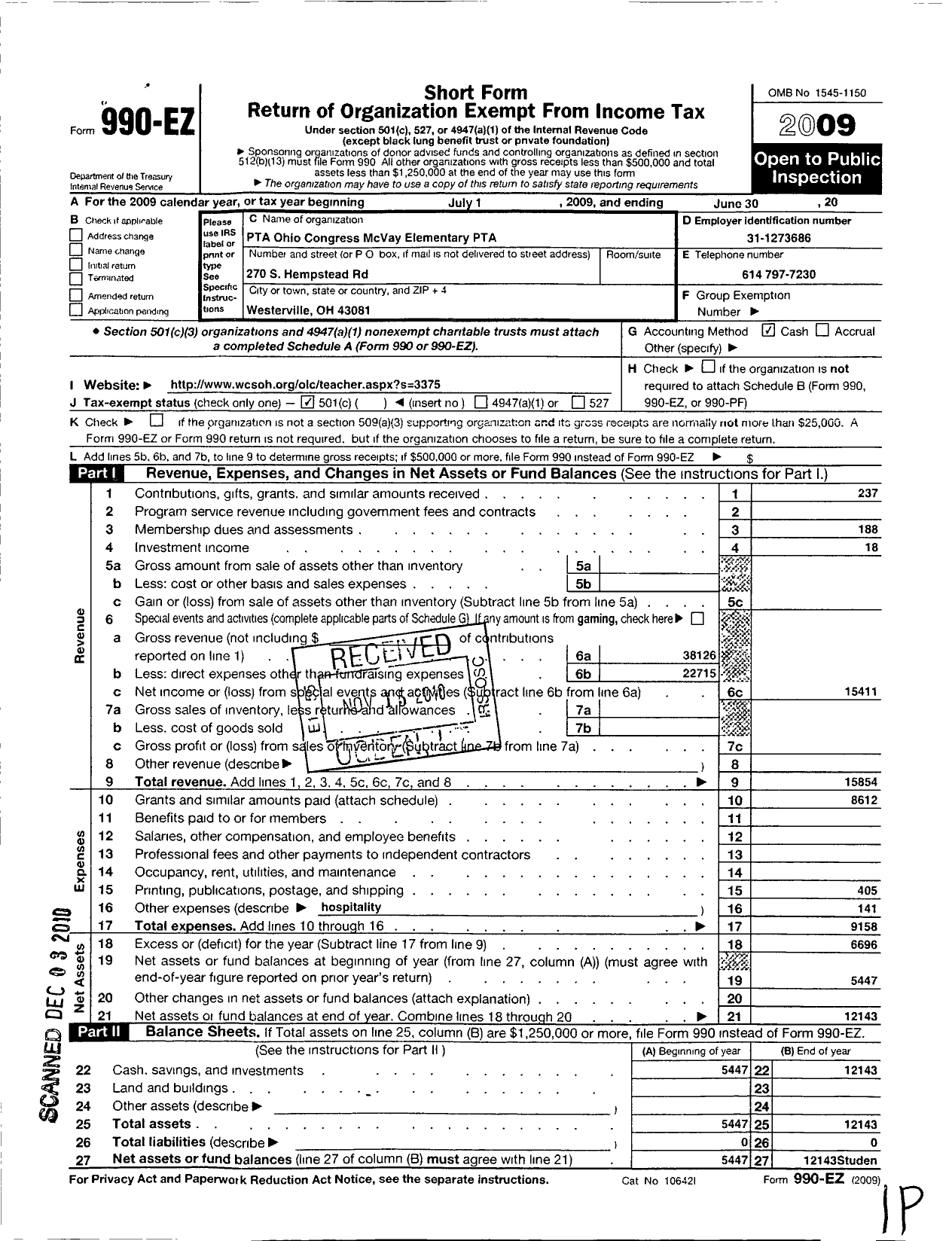 Image of first page of 2009 Form 990EO for PTA Ohio Congress / Mcvay El PTA