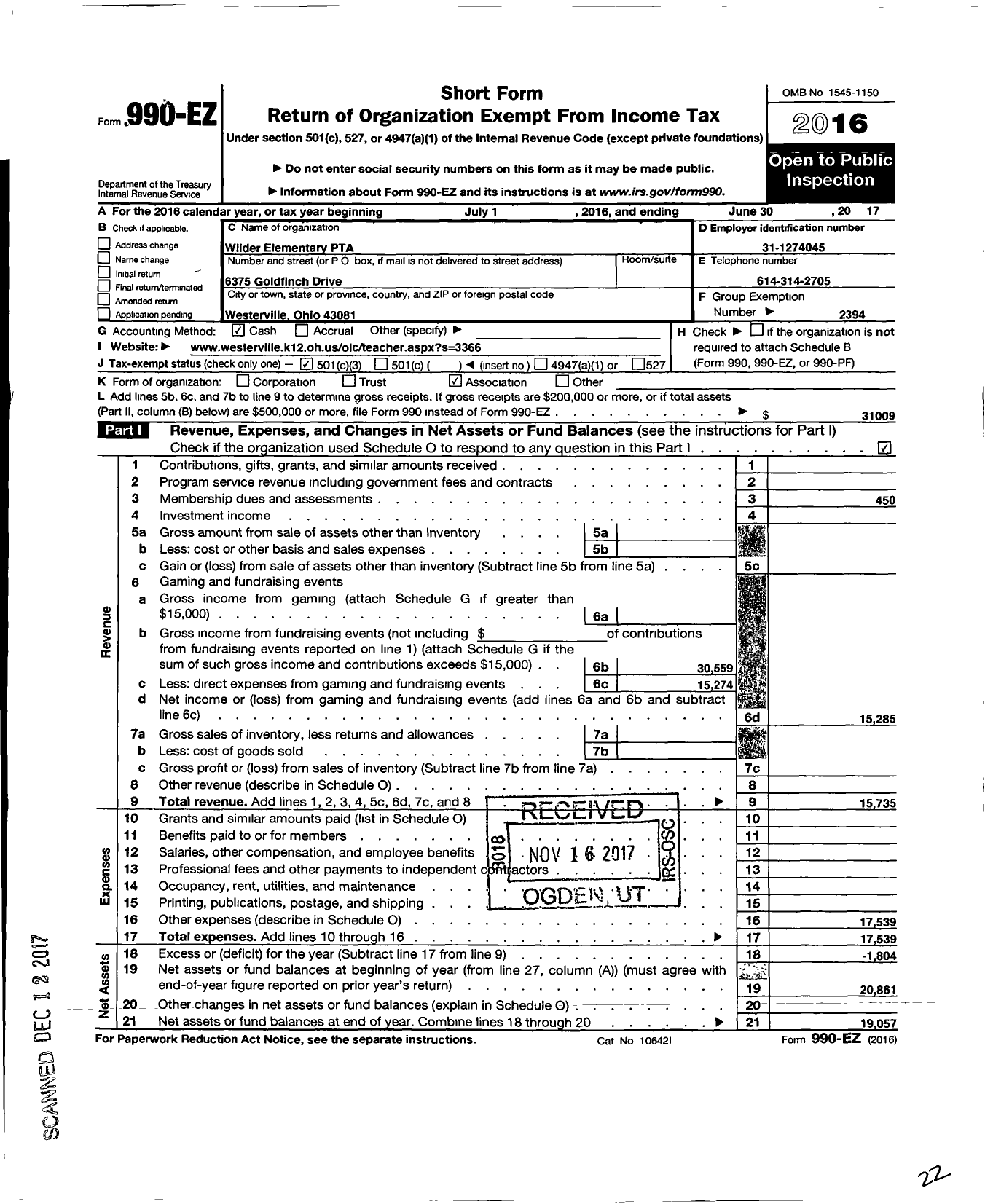 Image of first page of 2016 Form 990EZ for PTA Ohio Congress / Wilder El PTA
