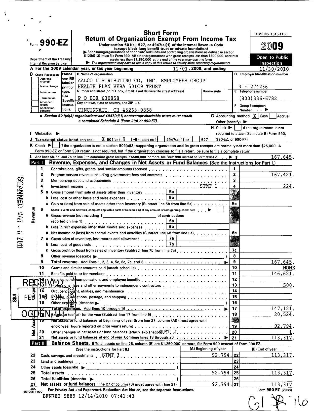 Image of first page of 2009 Form 990EO for Aalco Distributing Employees Group Health Plan Veba 501c9