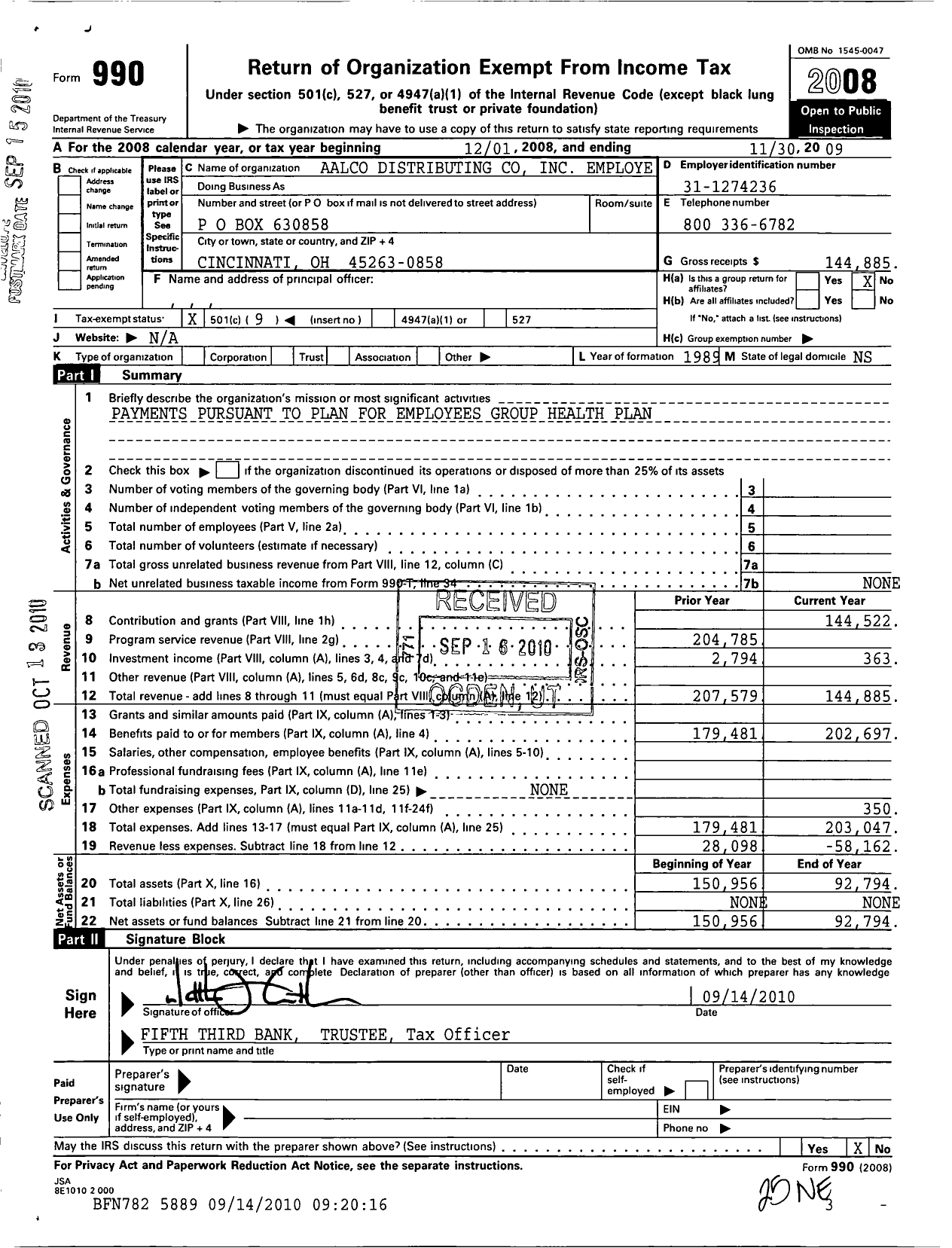 Image of first page of 2008 Form 990O for Aalco Distributing Employees Group Health Plan Veba 501c9