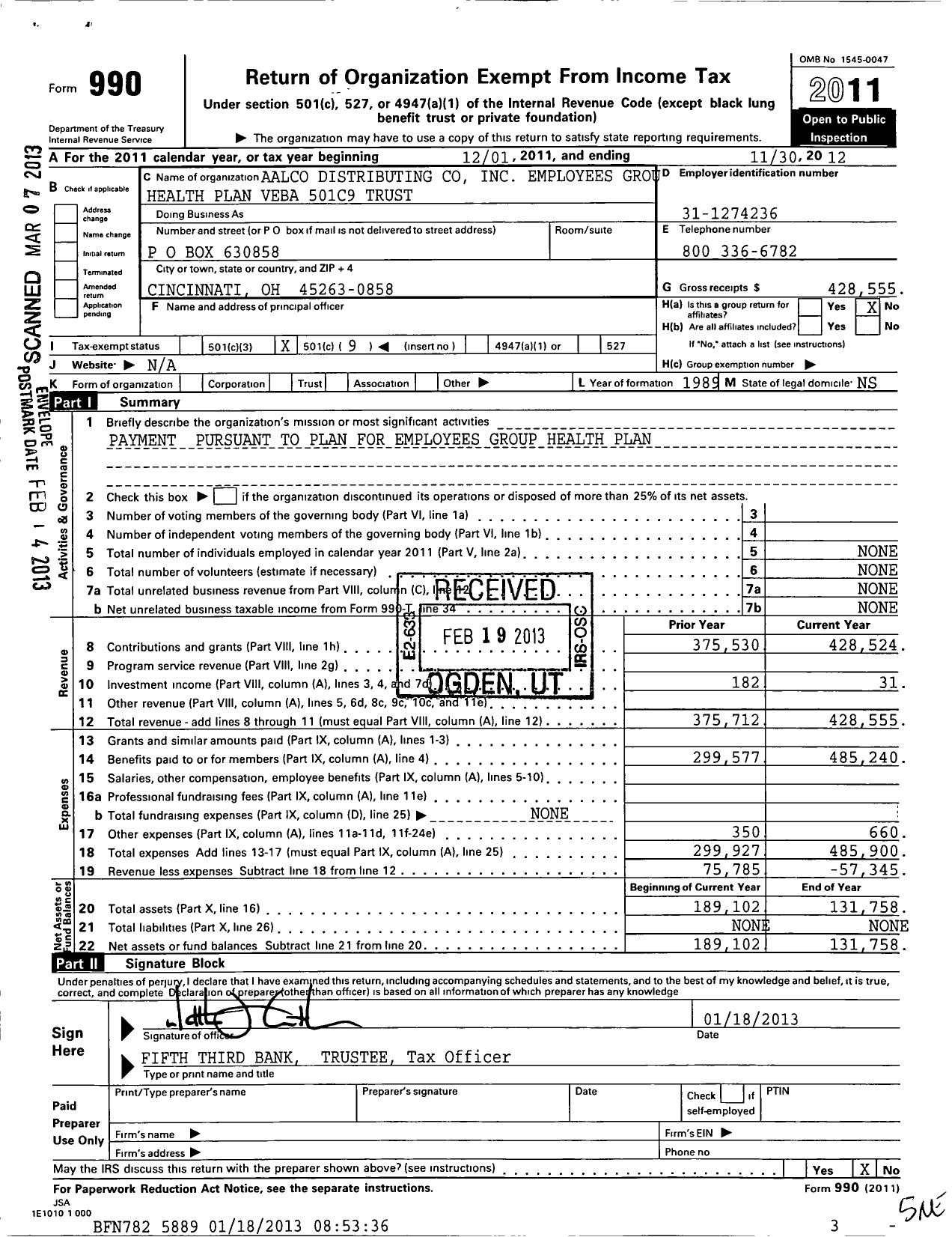Image of first page of 2011 Form 990O for Aalco Distributing Employees Group Health Plan Veba 501c9