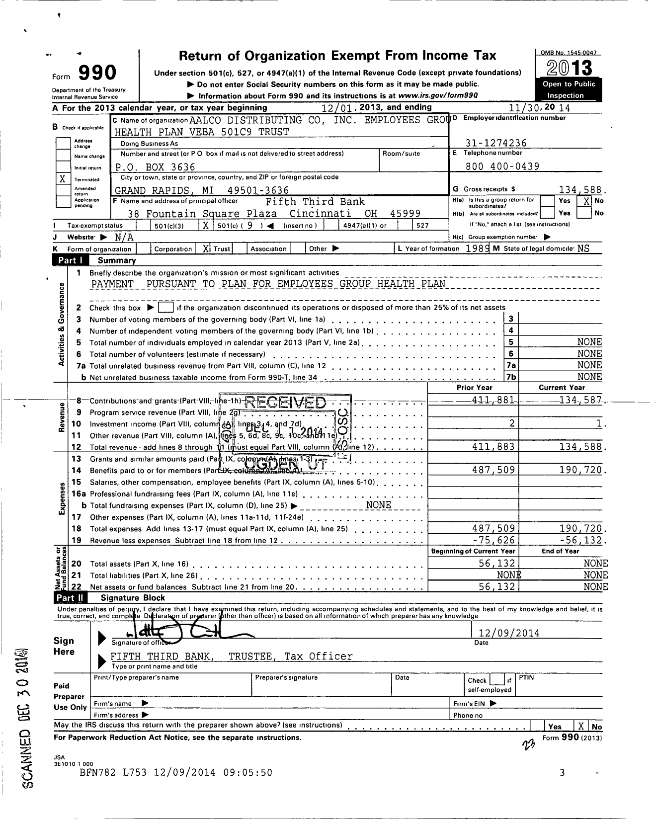 Image of first page of 2013 Form 990O for Aalco Distributing Employees Group Health Plan Veba 501c9