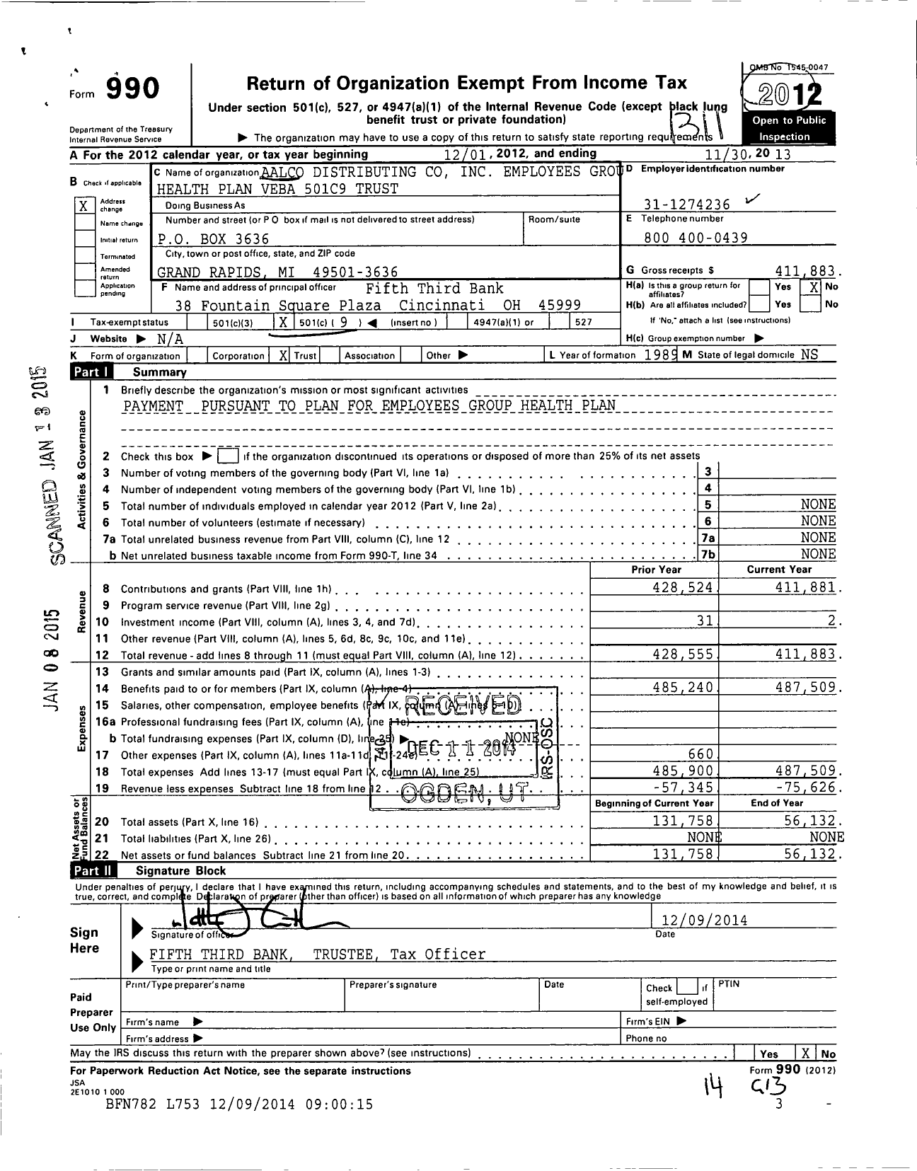 Image of first page of 2012 Form 990O for Aalco Distributing Employees Group Health Plan Veba 501c9
