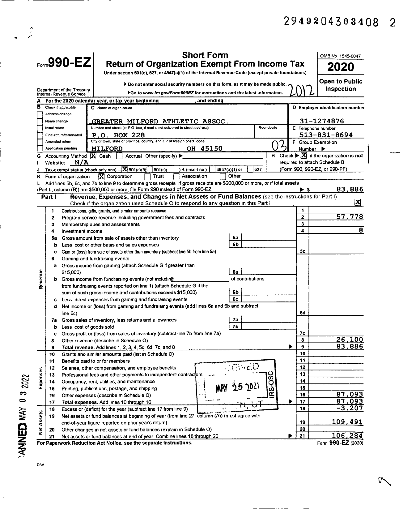 Image of first page of 2020 Form 990EZ for Greater Milford Athletic Association