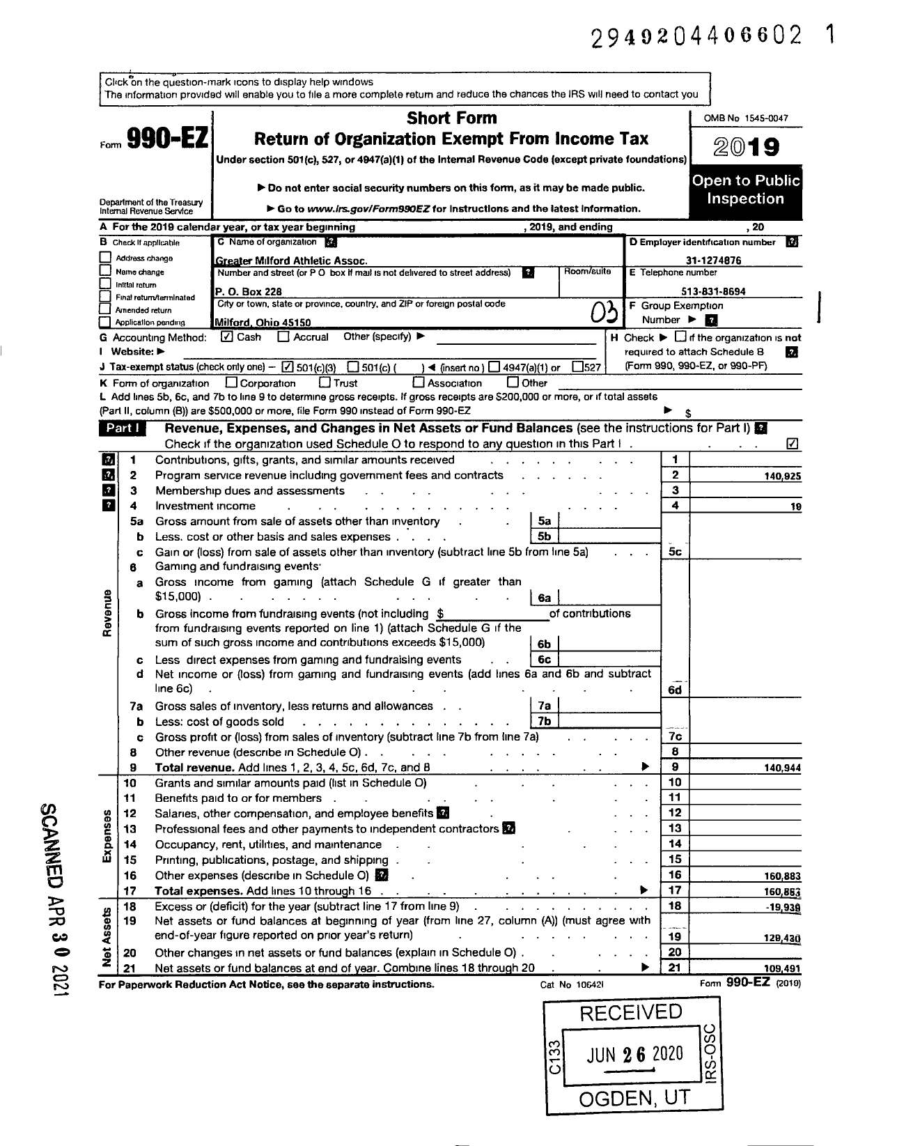 Image of first page of 2019 Form 990EZ for Greater Milford Athletic Association