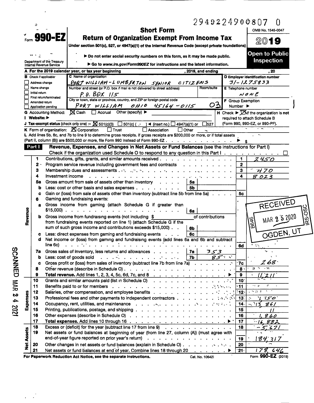 Image of first page of 2019 Form 990EZ for Port William-Lumberton Senior Citizens