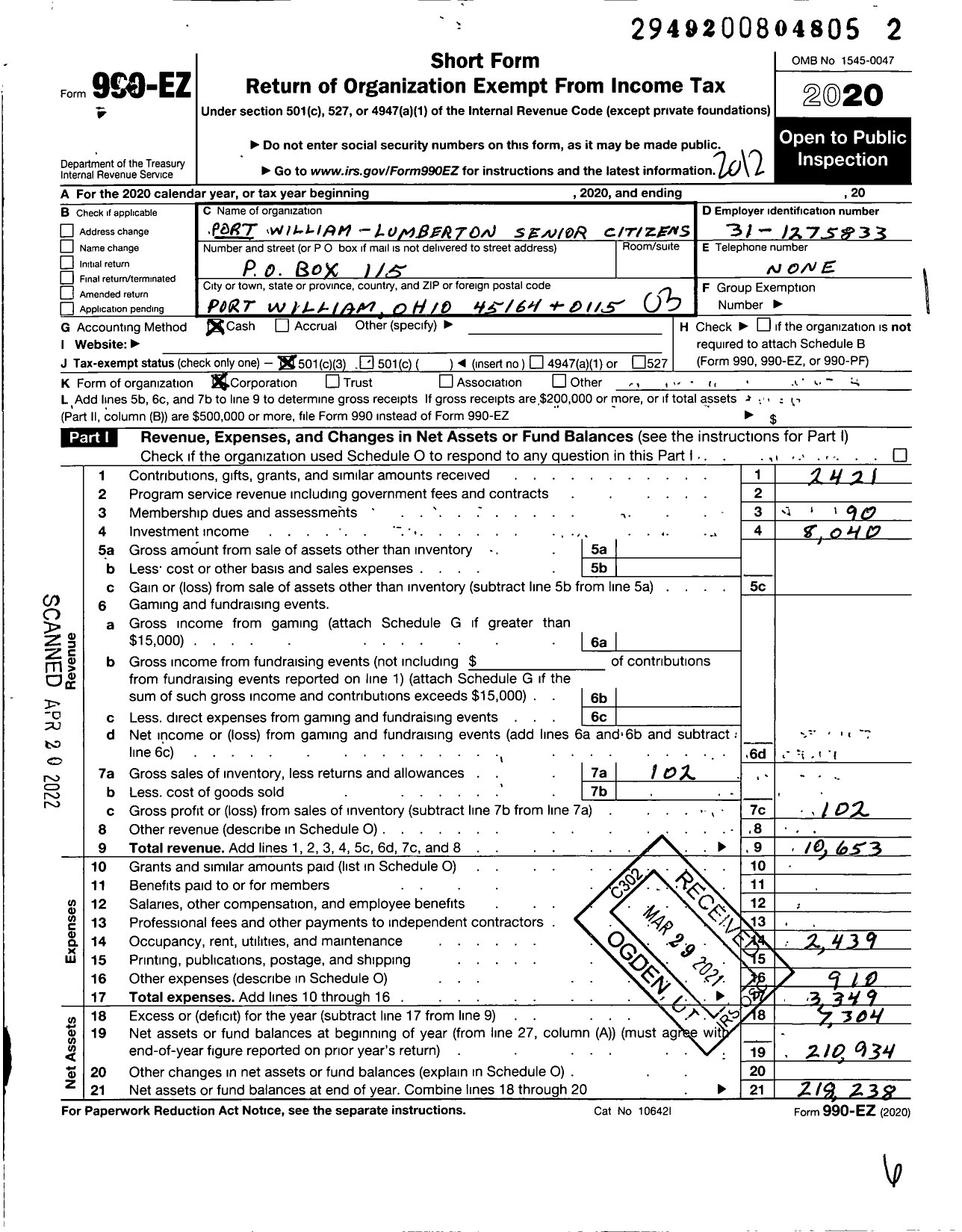 Image of first page of 2020 Form 990EZ for Port William-Lumberton Senior Citizens