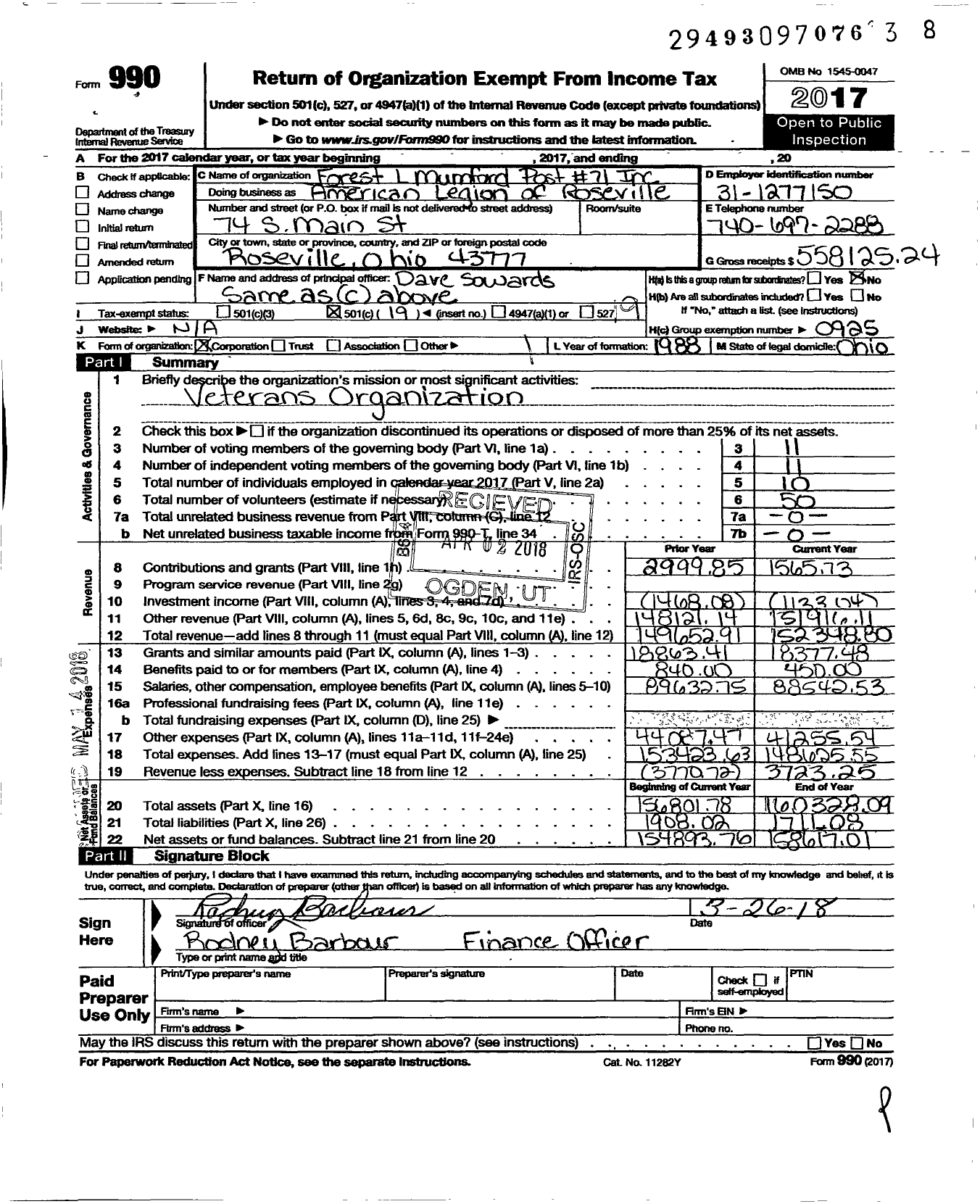 Image of first page of 2017 Form 990O for American Legion - Forest L Mumford Post 71