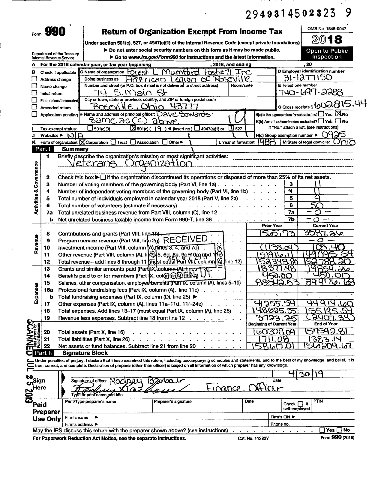 Image of first page of 2018 Form 990O for American Legion - Forest L Mumford Post 71