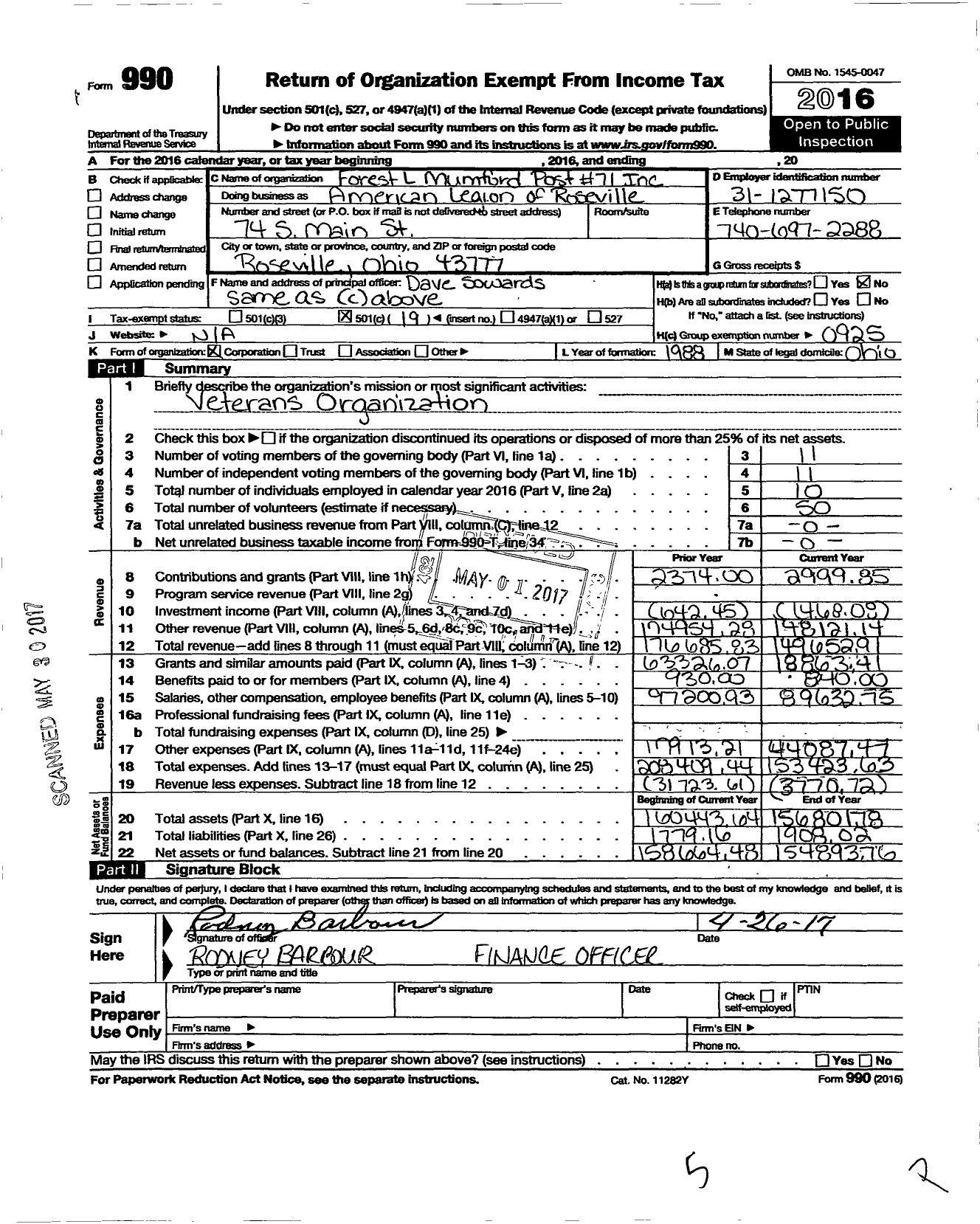 Image of first page of 2016 Form 990O for American Legion - Forest L Mumford Post 71