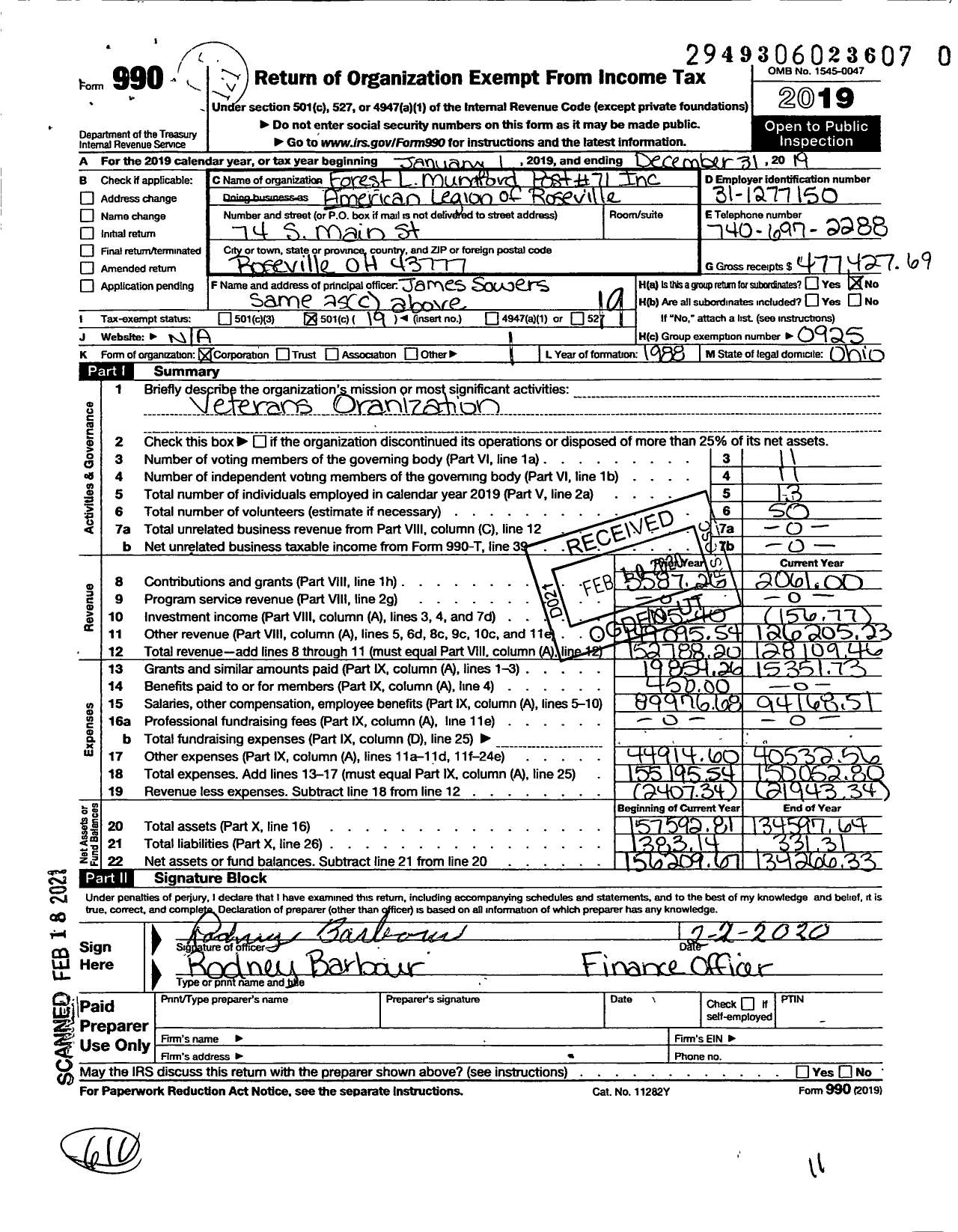 Image of first page of 2019 Form 990O for American Legion - Forest L Mumford Post 71