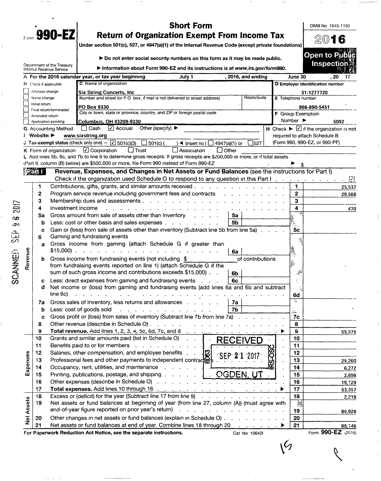 Image of first page of 2016 Form 990EZ for Six String Concerts