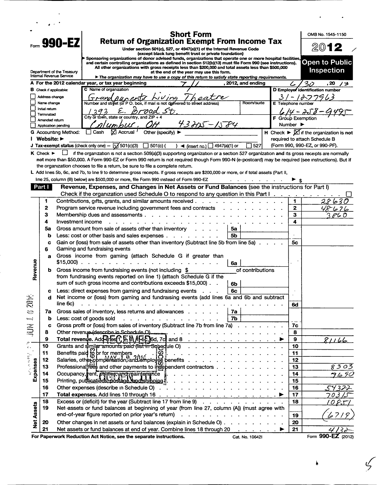 Image of first page of 2012 Form 990EZ for Grandparents Living Theatre