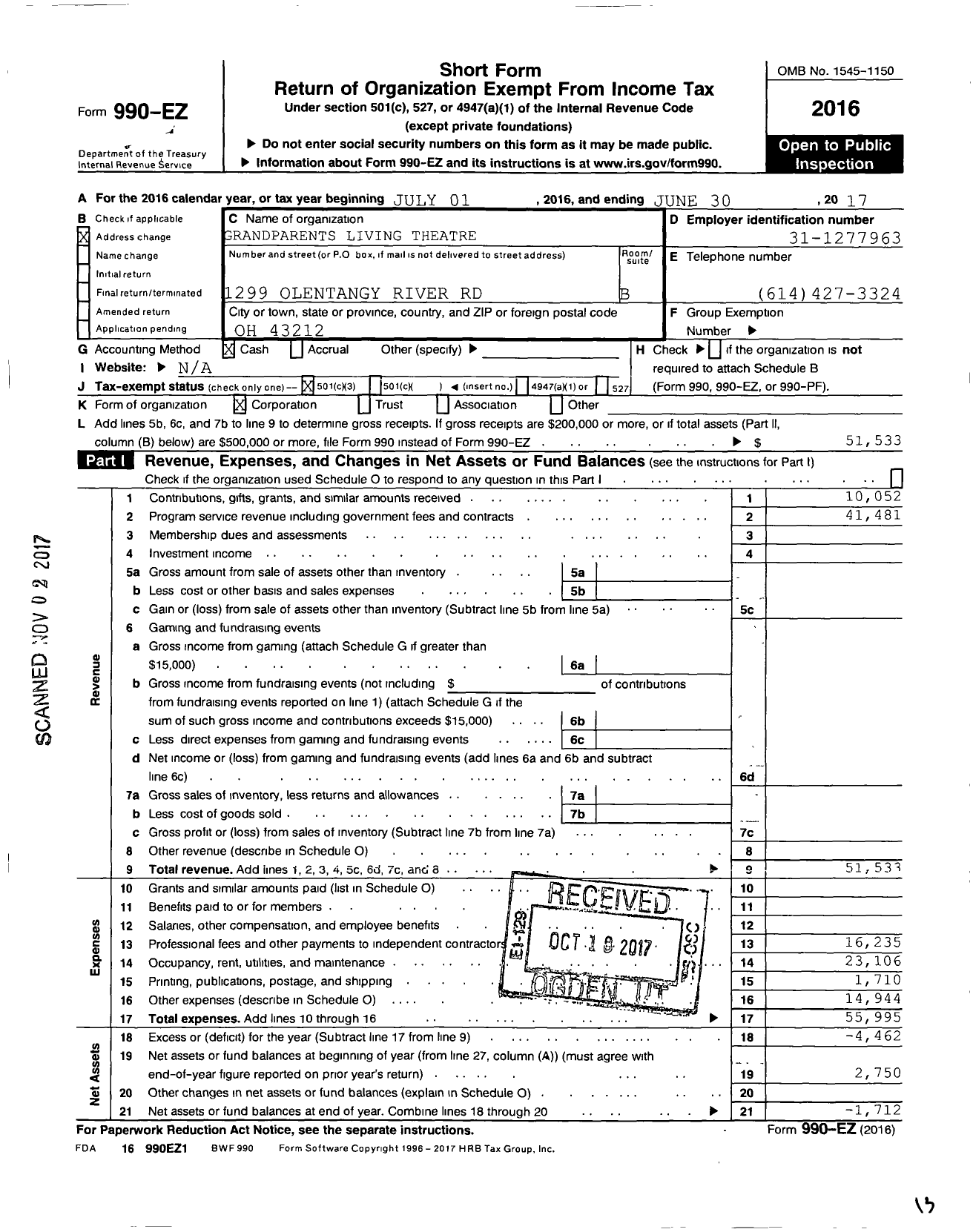 Image of first page of 2016 Form 990EZ for Grandparents Living Theatre