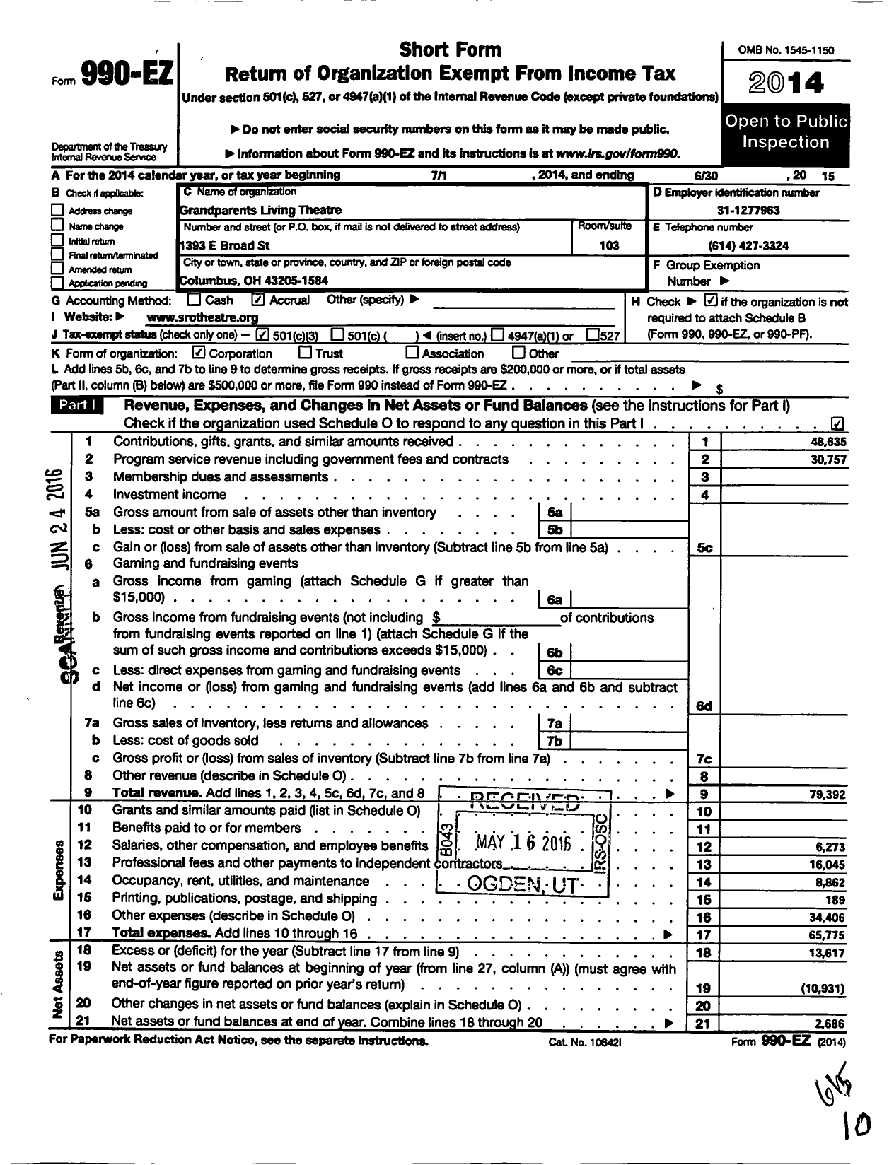 Image of first page of 2014 Form 990EZ for Grandparents Living Theatre