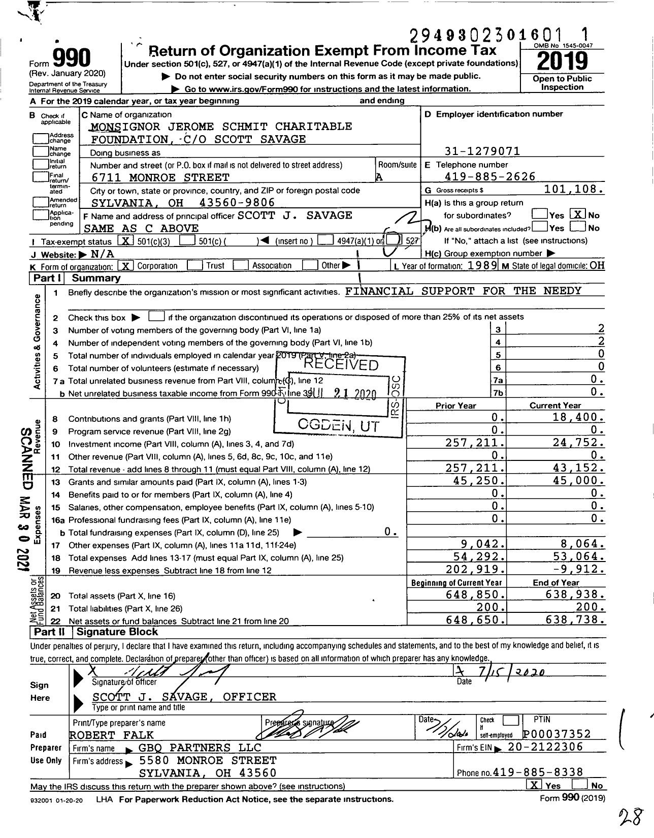 Image of first page of 2019 Form 990 for Monsignor Jerome Schmit Charitable Foundation