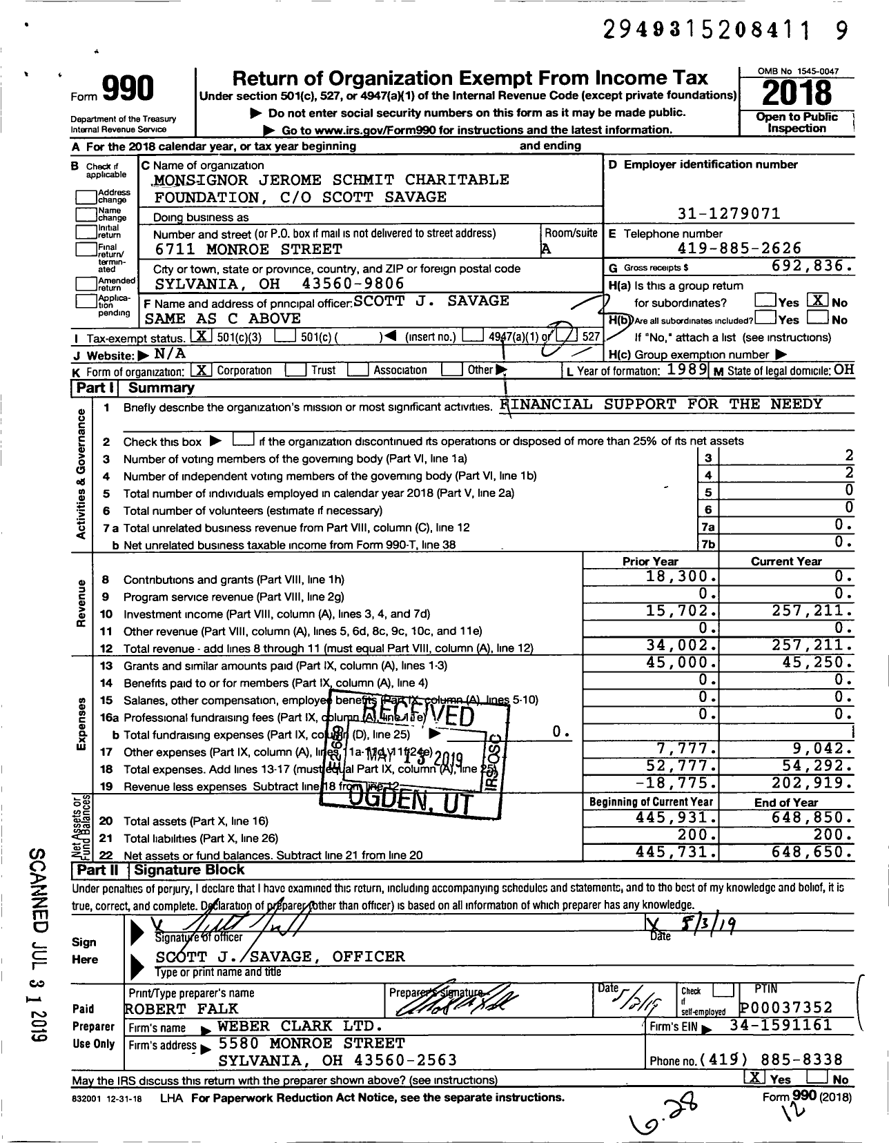 Image of first page of 2018 Form 990 for Monsignor Jerome Schmit Charitable Foundation