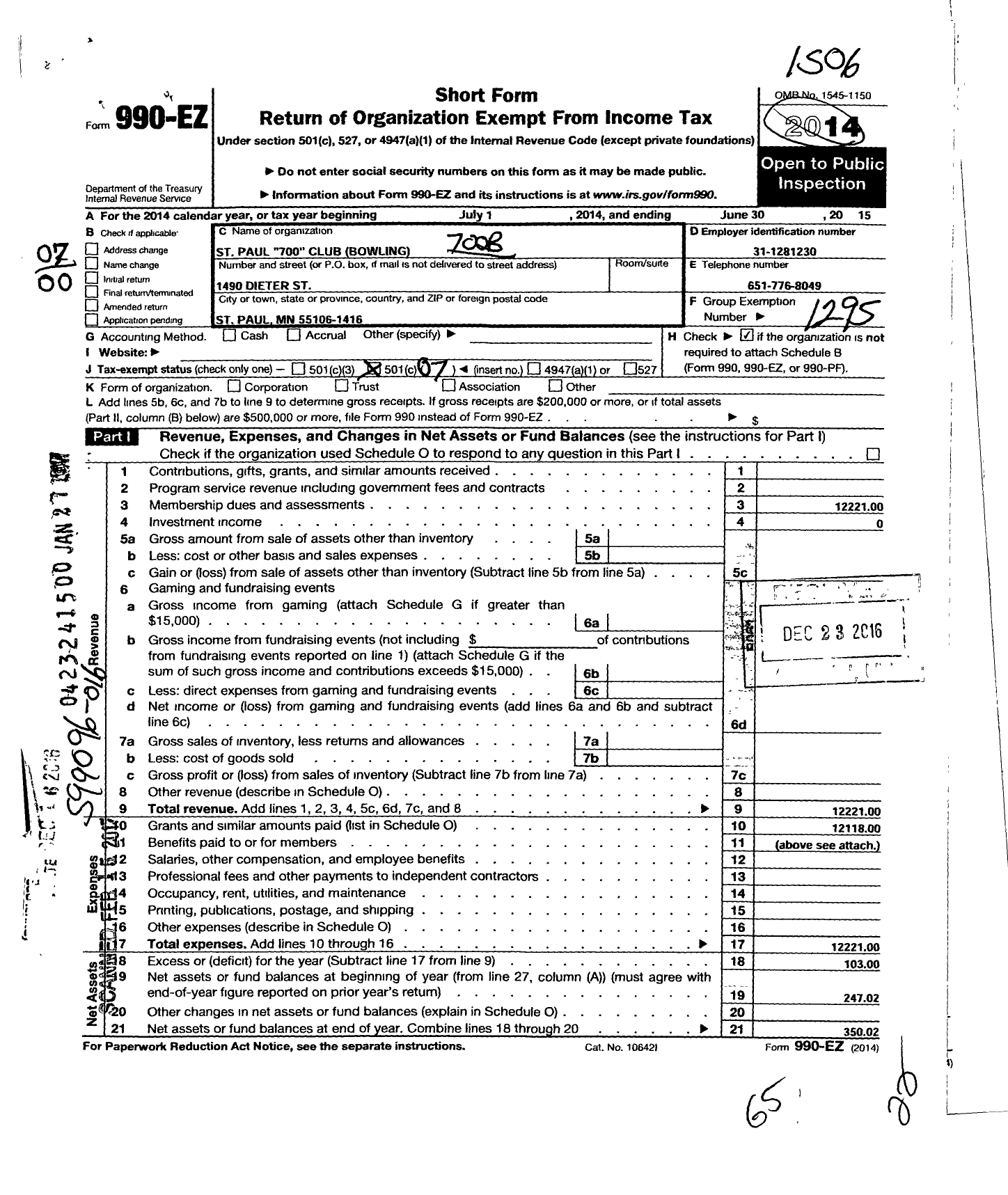 Image of first page of 2014 Form 990EO for 700 Bowling Clubs of America - 18 Chapter St Paul