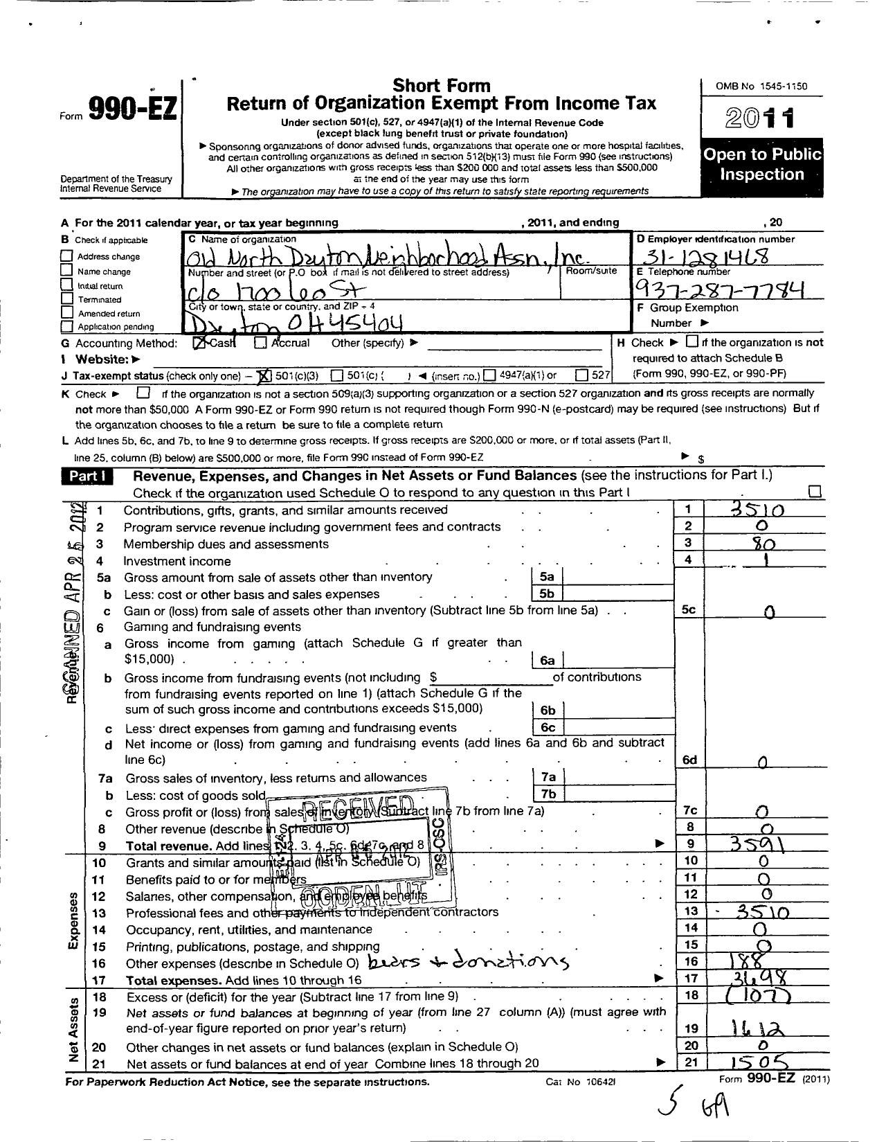 Image of first page of 2011 Form 990EZ for Old North Dayton Neighborhood Association